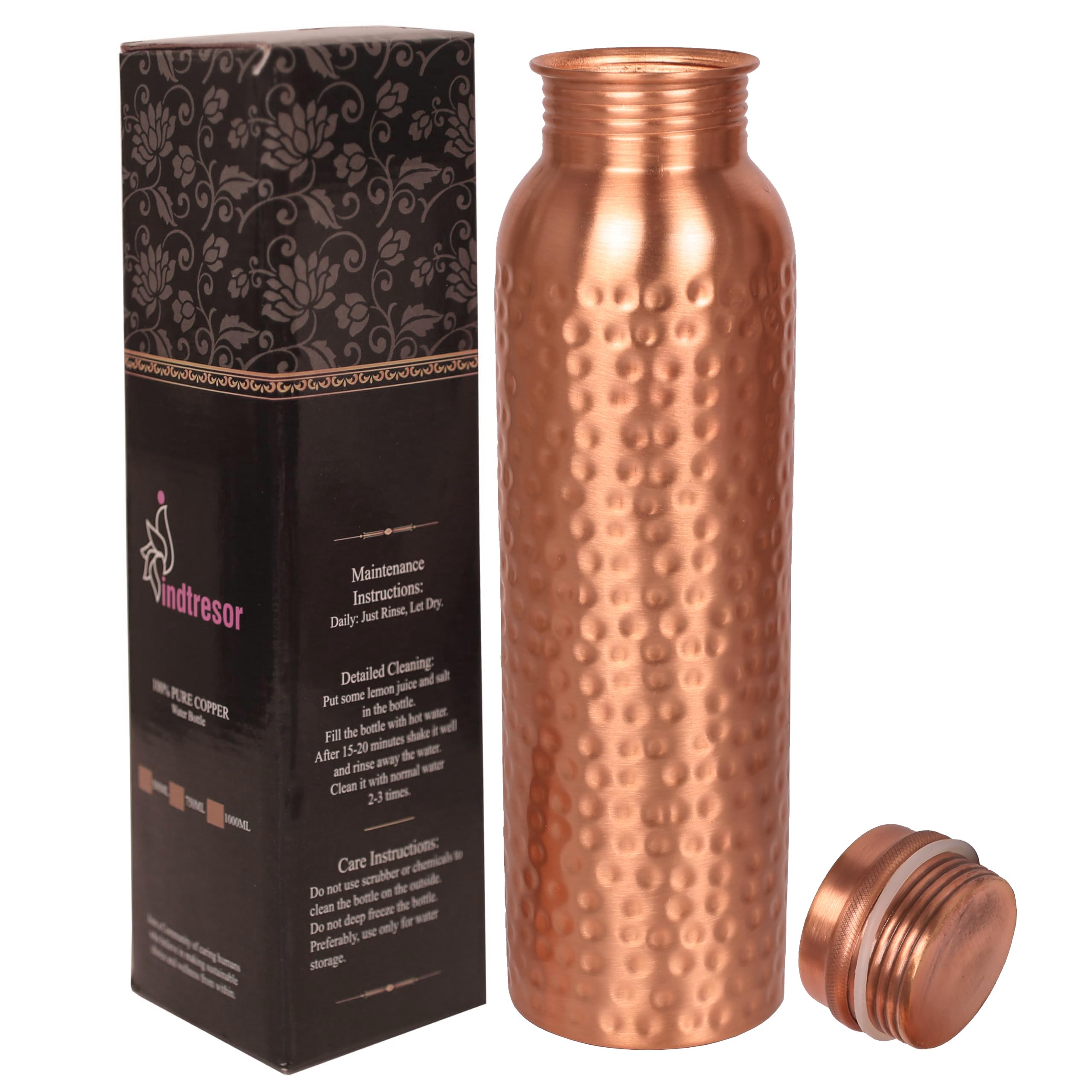 Pure Copper Water Bottle - Handcrafted - Ayurveda health benefits - Large 35 oz - Leak proof, Easy to carry for Sports, Fitness, Yoga, School - Natural Hammered Beaten Copper Finish