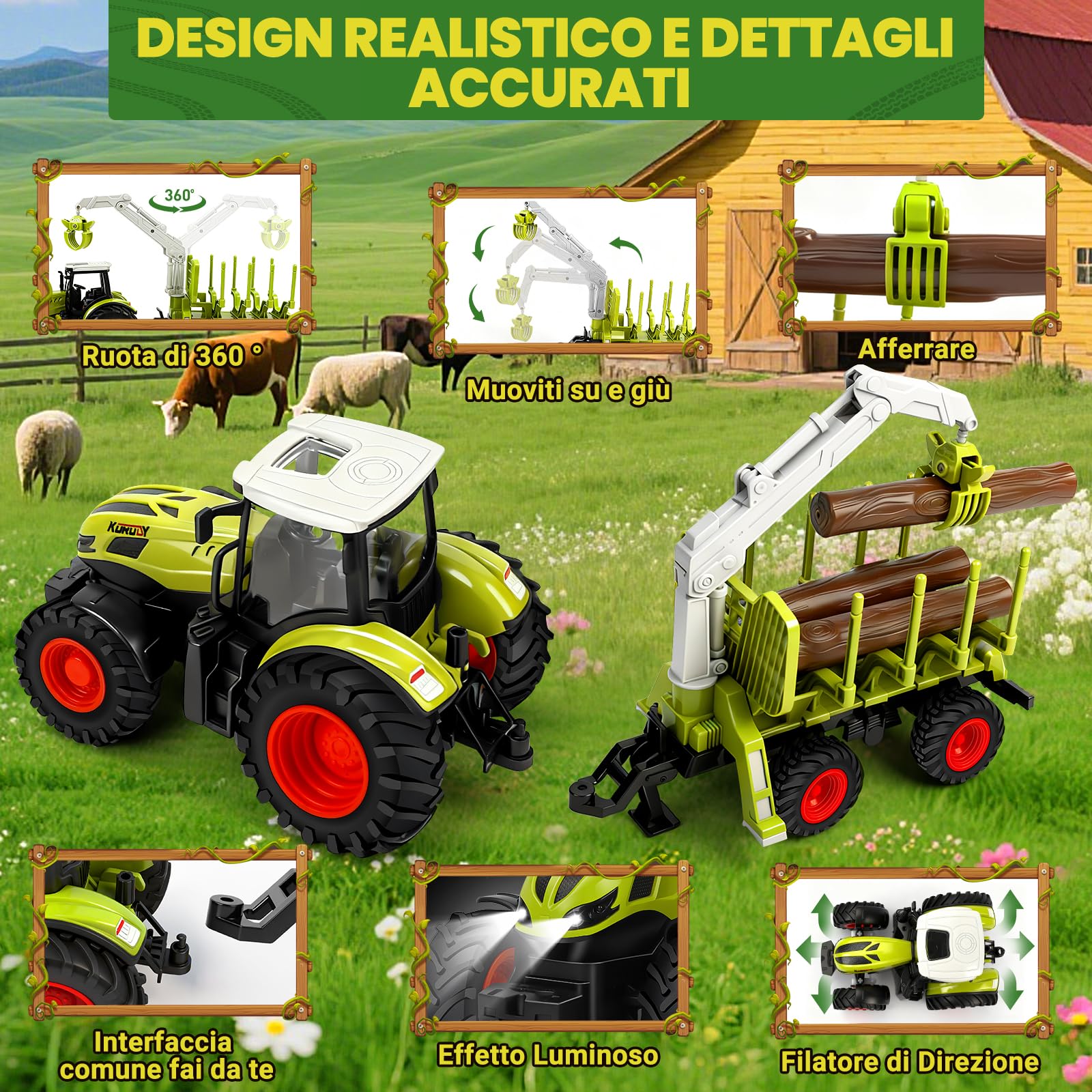 BuzzoXerex RC Trattore Telecomandato per Bambini, 2,4 Hz Trattore Radiocomandato con Rimorchio Giocattolo e Luce, Trattore Giocattolo per Bambini 3 4 5 anni