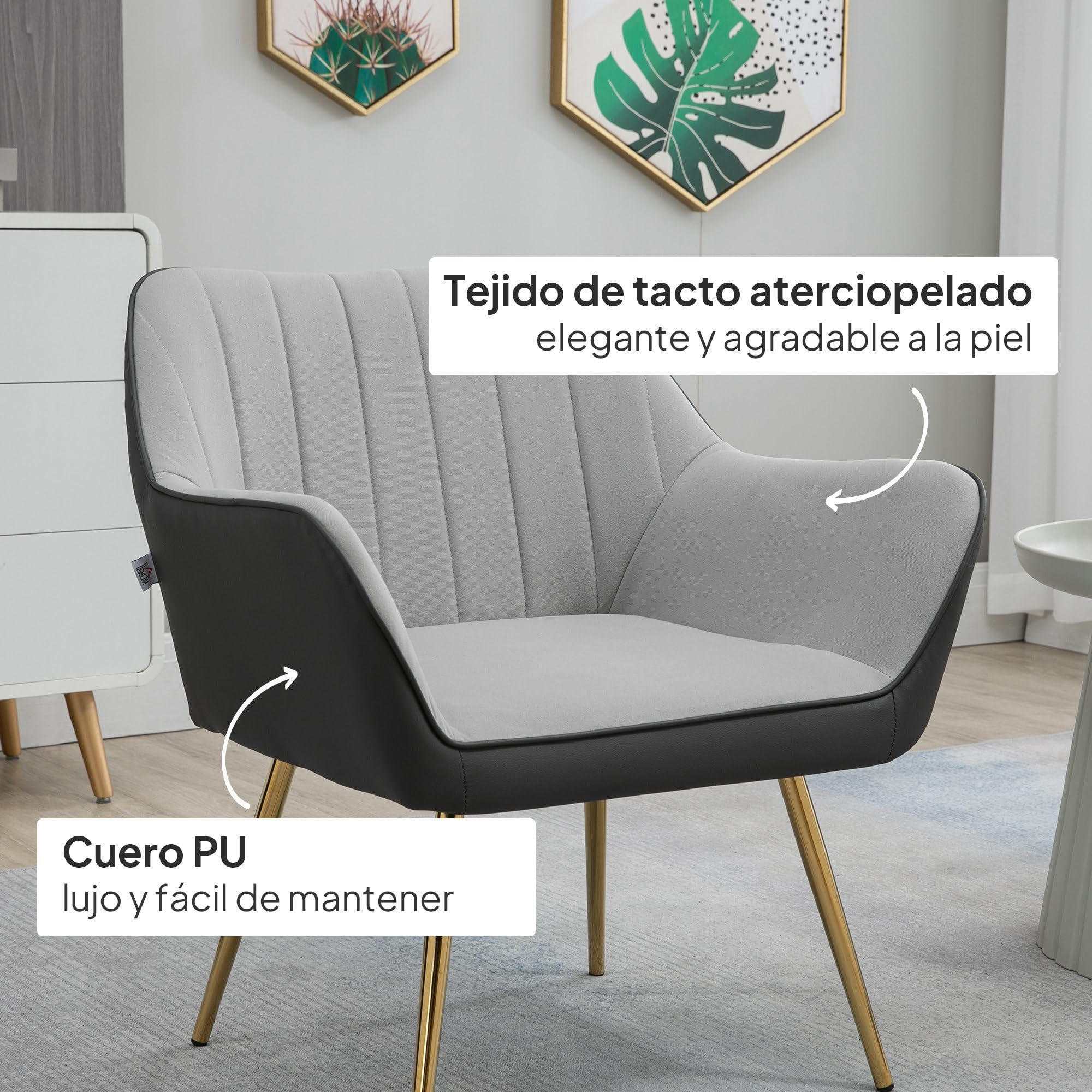 HOMCOM Butaca de Salón Sillón de Salón Tapizado en Cuero Sintético y Terciopelo con Reposabrazos Patas Doradas y Marco de Acero Butaca para Dormitorio Sala de Estar Carga 120 kg Gris