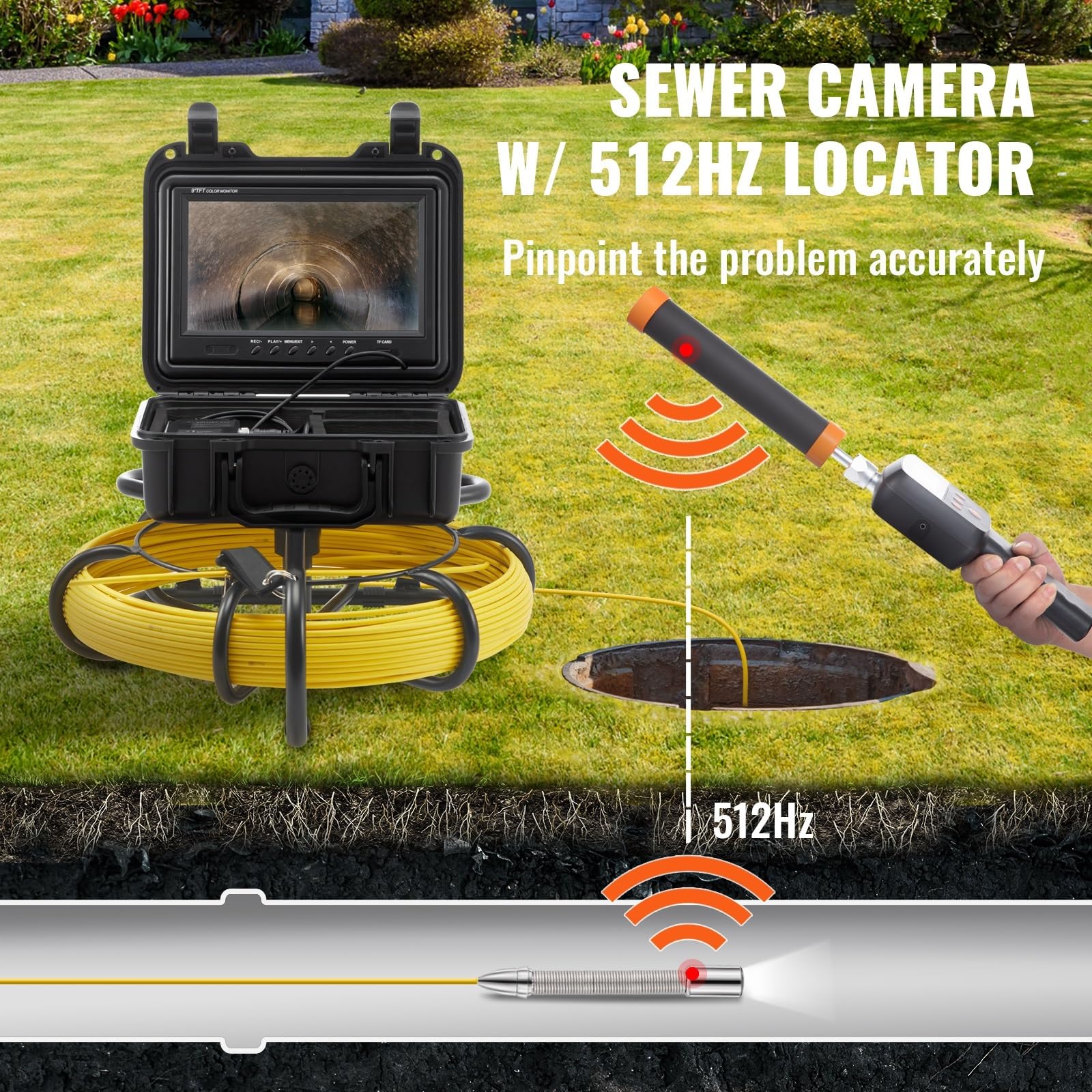 Telecamera for fognature con localizzatore 512 Hz Telecamera for ispezione tubazioni IP68 da 9" con Funzione DVR con 12 LED Regolabili e Scheda SD da 16 GB(9 inch Screen 91M)