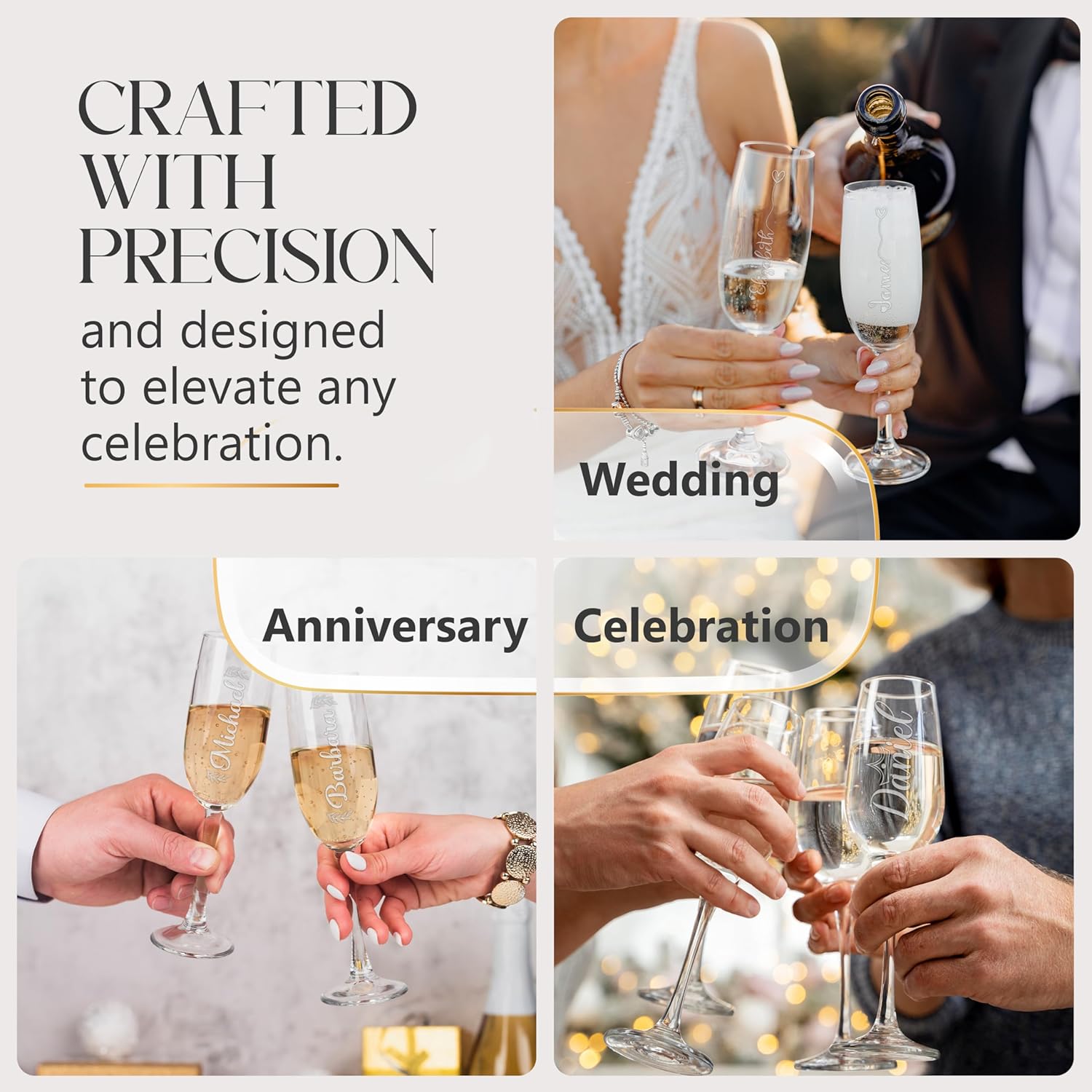 Personalized Custom Vertical Your Name Laser Engraved Champagne Flute Glasses 8 oz. with Box, Customizable Gift for Wedding (Set of 2)