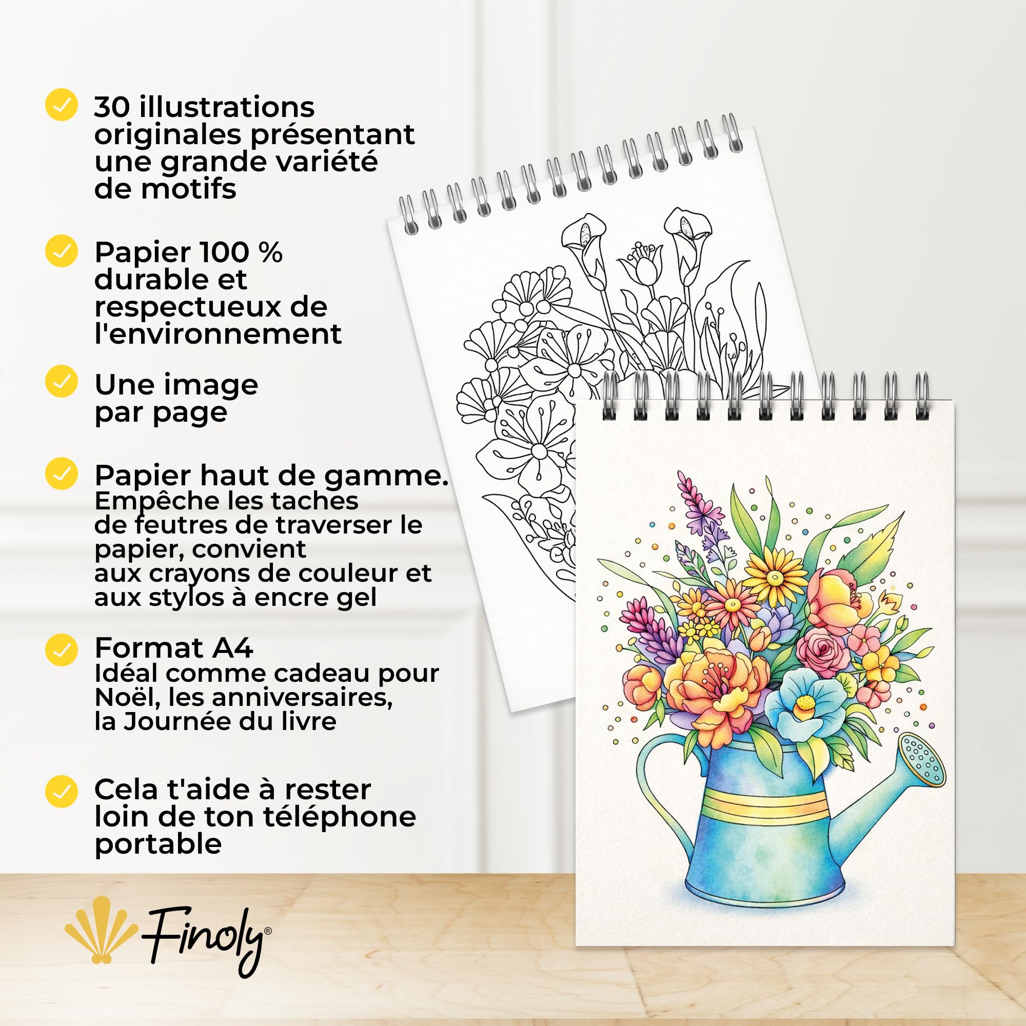 Finoly Livre Coloriage Adulte Fleurs A4 Réduit le Stress | Mandalas a Colorier Adulte Débutants et Confirmés | Coloriage Mandala Adulte Mindfulness Anti Stress Encre qui ne Transperce Pas (Jour)