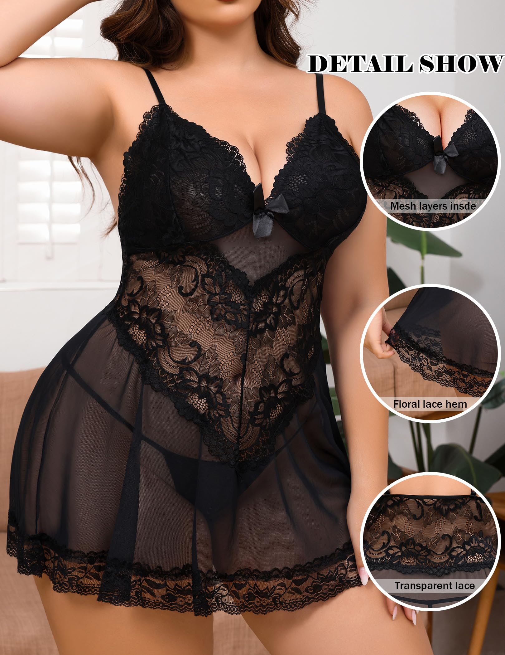 Alrovetoney Women Plus Size Babydoll Lingerie Lace Chemise Mesh Sleepwear Strappy Sexy Nightgown Boudoir Outfit L-4XL: Black Large