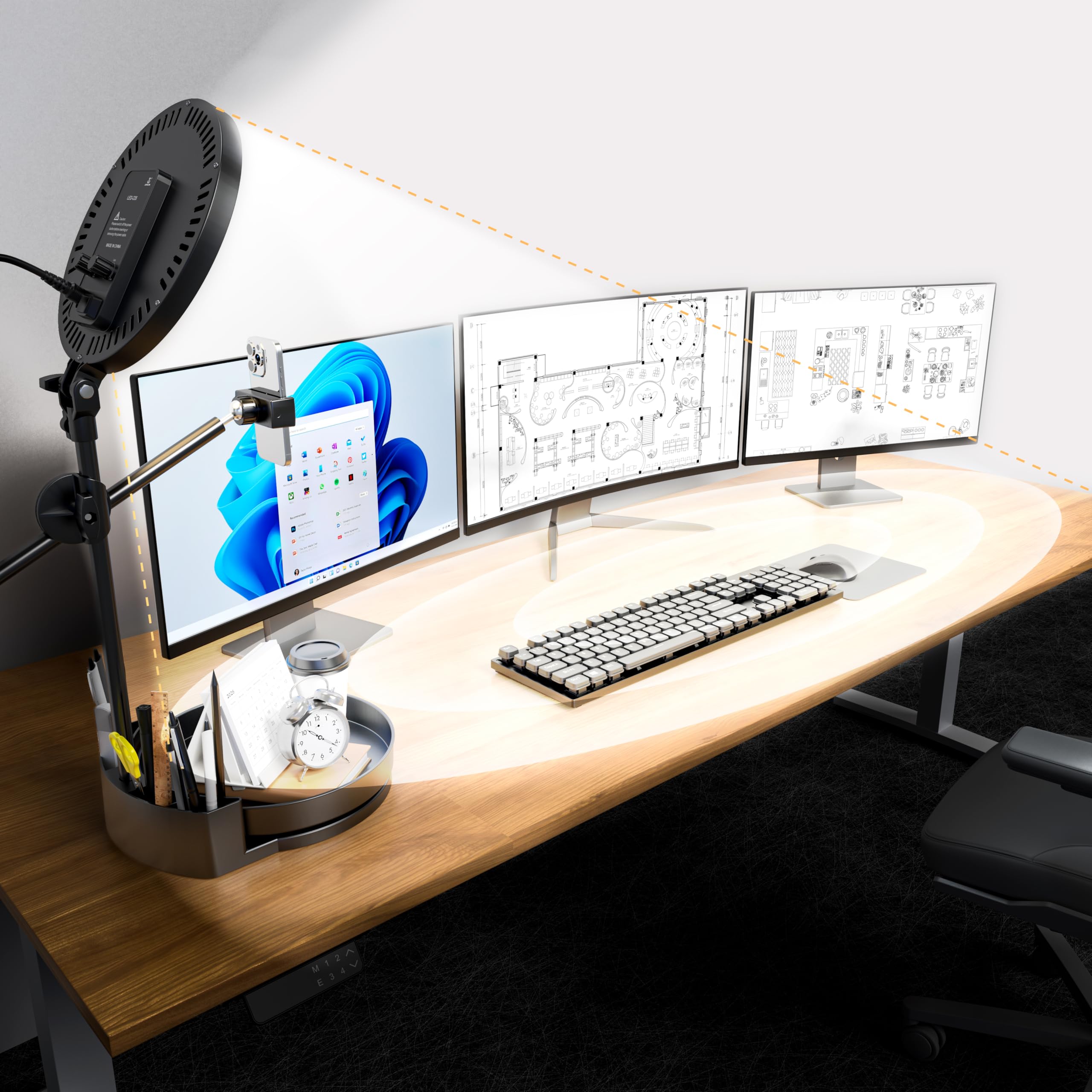 Zoom Lighting for Computer, Adjustable Desk Lighting for Video Callst,55W Dimmable Full Screen Ring Light,with Rotating Storage Box,Pen Holder Stand,