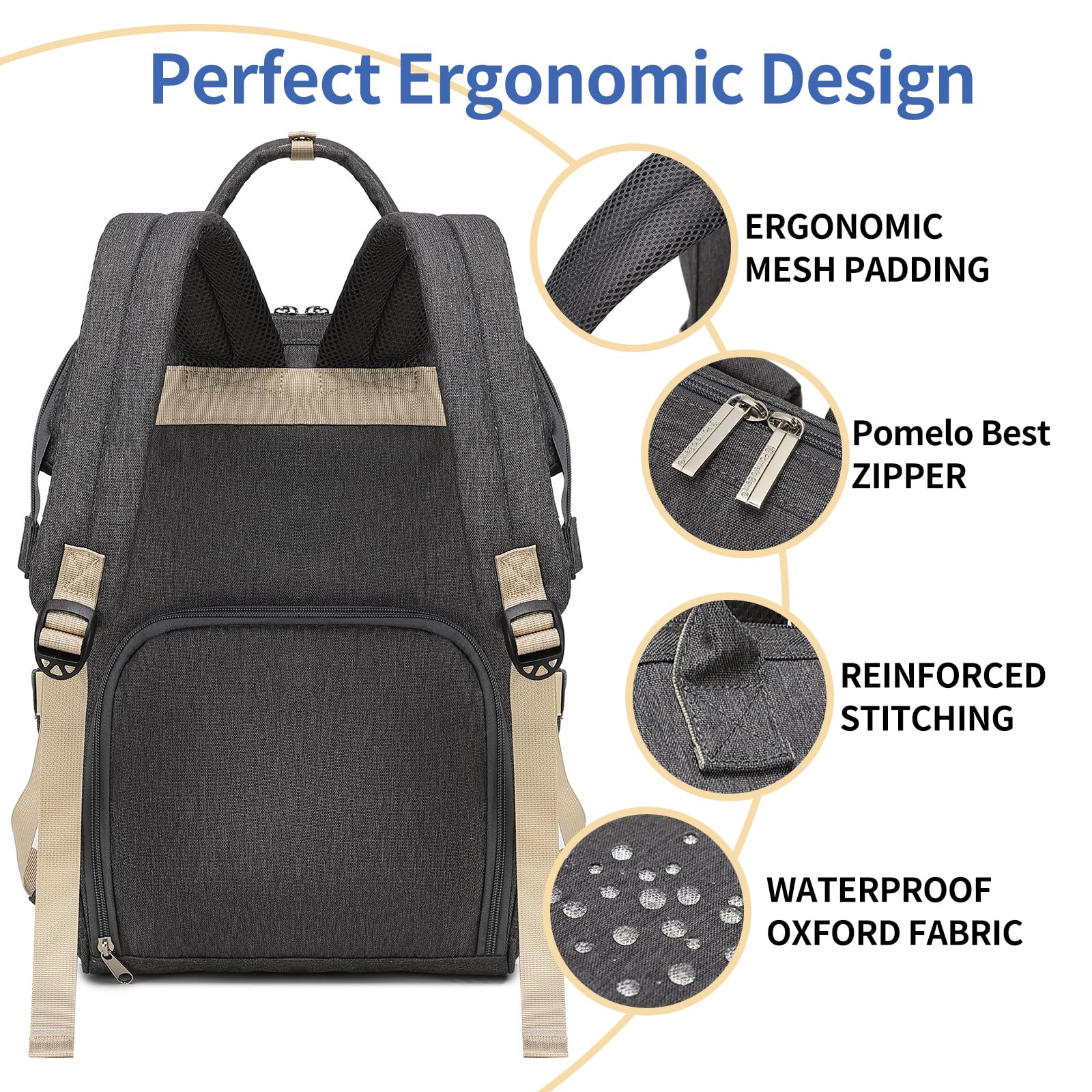 Pomelo Best Zaino Fasciatoio per Bambini, Elegante, con Fasciatoio Multifunzionale, Impermeabile, Grande Capacità, per Viaggi, Colore Grigio Scuro, Nuova versione