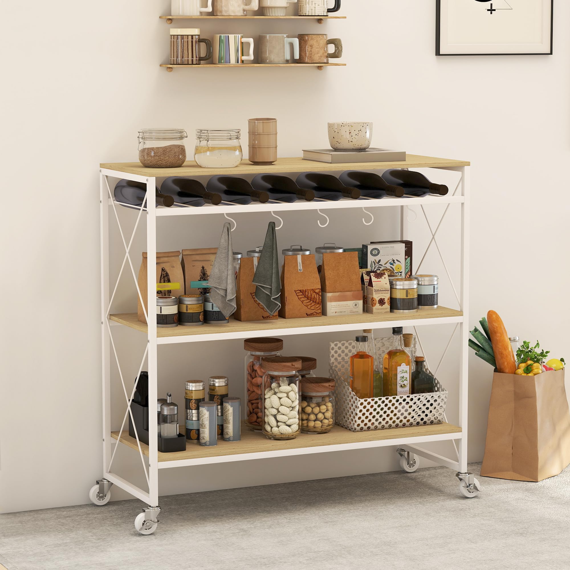 HOMCOM Carrello da Cucina a 4 Livelli con Portabottiglie e 5 Ganci Rimovibili, Carrello Portavivande Salvaspazio con Ruote a Freno in Legno e Metallo, 96.5x38x96.7 cm, Color Legno