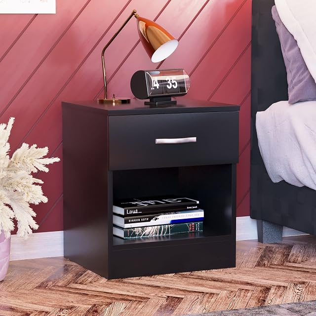 Vida Designs Black Bedside Cabinet, 1 Drawer With Metal Handles and Runners, Unique Anti-Bowing Drawer Support, Riano Bedroom Furniture