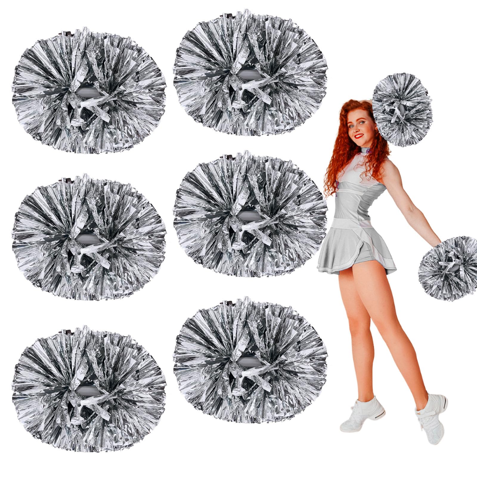 6 Pcs Metallic Cheerleading Pom Poms, 12Inch Cheerleader Pompoms with Baton Handle for School Team Sports Games Dance Cheer
