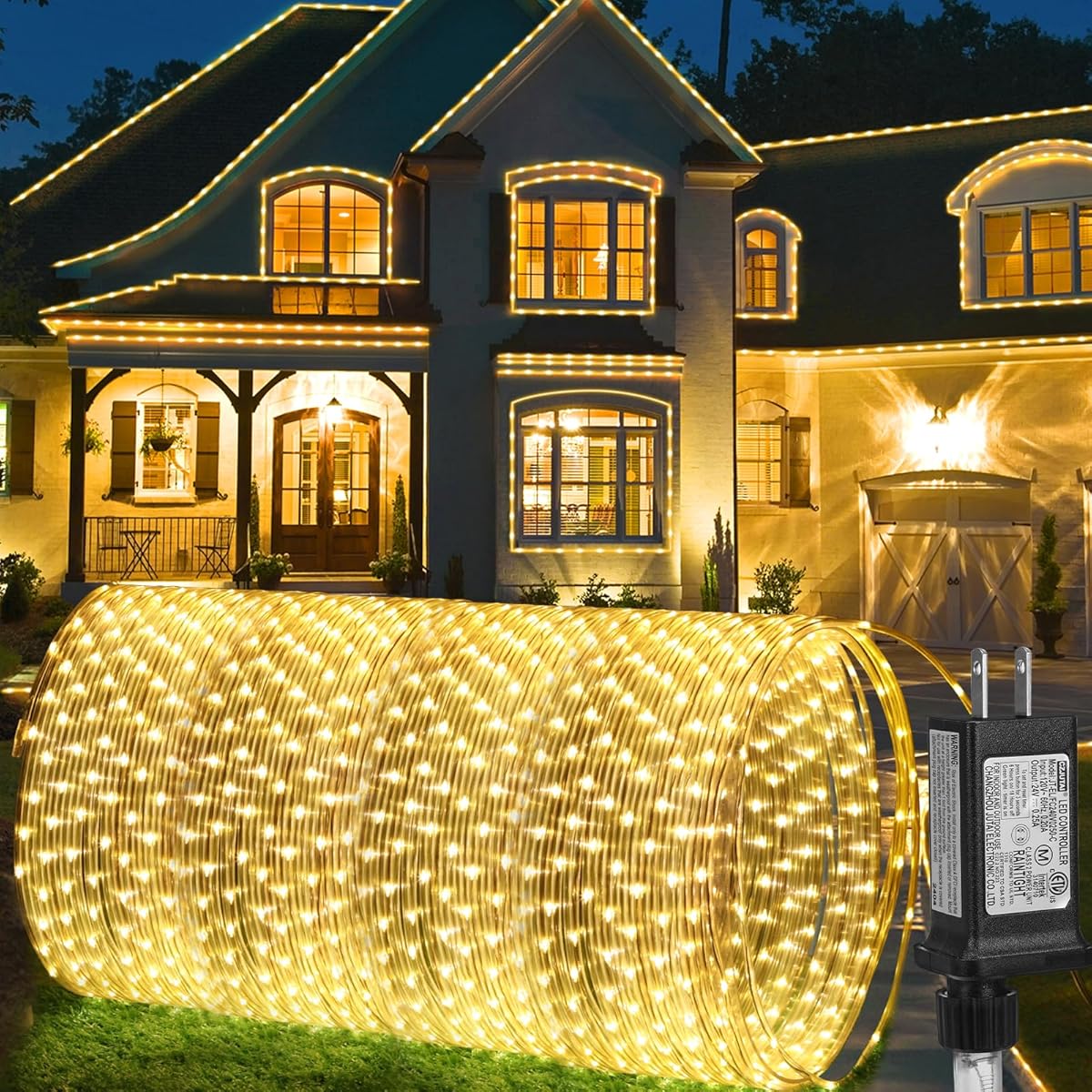 184FT 1000LED Rope Lights Outdoor, Outside LED Rope Lights Plug in String Lights Waterproof 8 Modes Clear Tube Lights for RV Camping Pool Patio Garden Christmas Tree Holiday Decoration(Warm White)