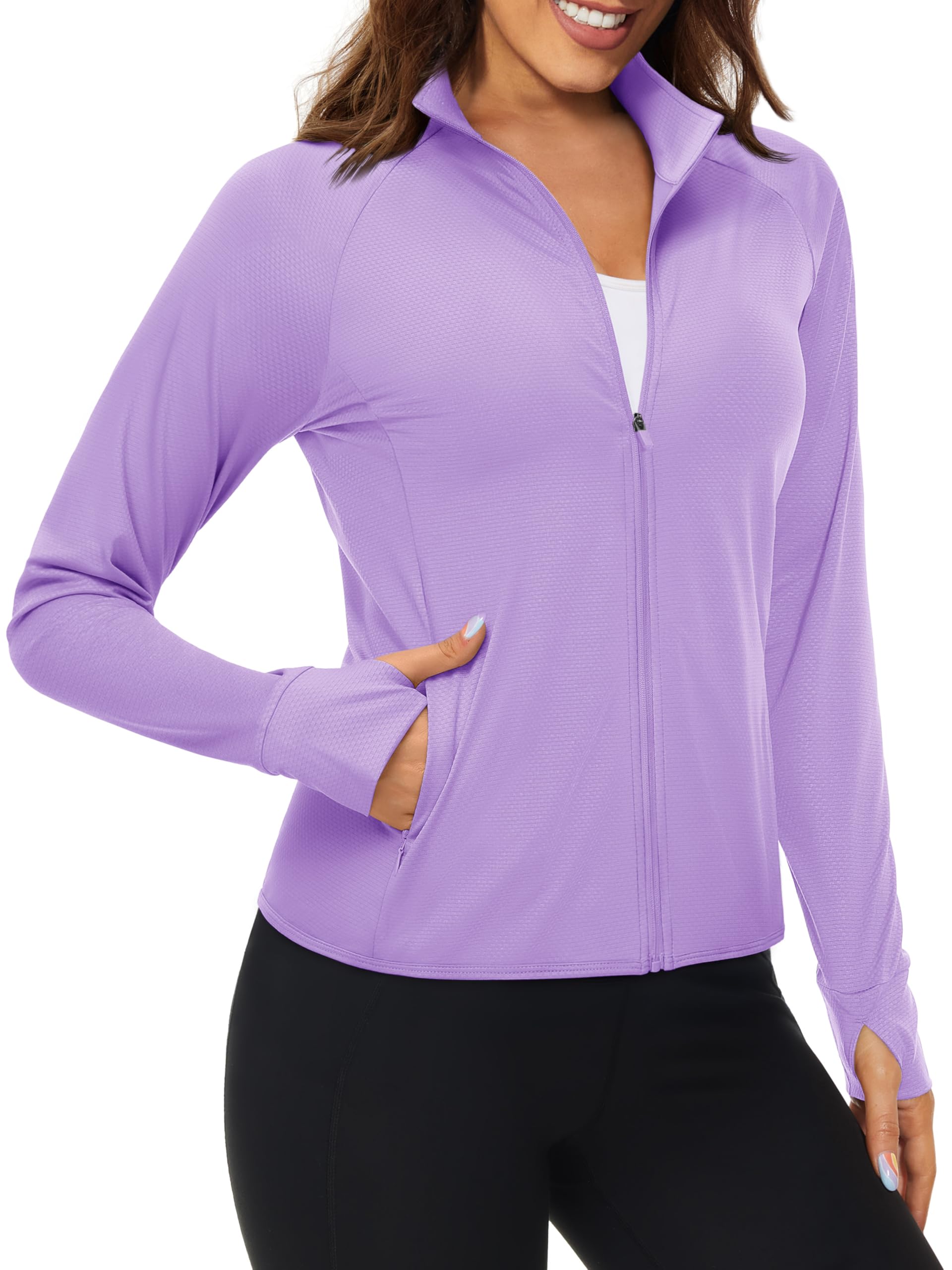 MAGCOMSEN Women's UPF 50+ Lightweight Zip Up Jackets Cropped Athletic Workout UV Protection Sun Shirt Running