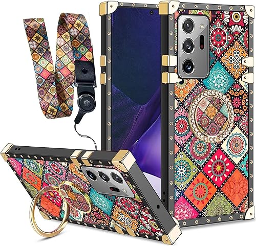 Funda de teléfono cuadrada retro para Samsung Note 20 Ultra con anillo de soporte y cordón, para niñas y mujeres, hippie, bohemio, psicodélico,