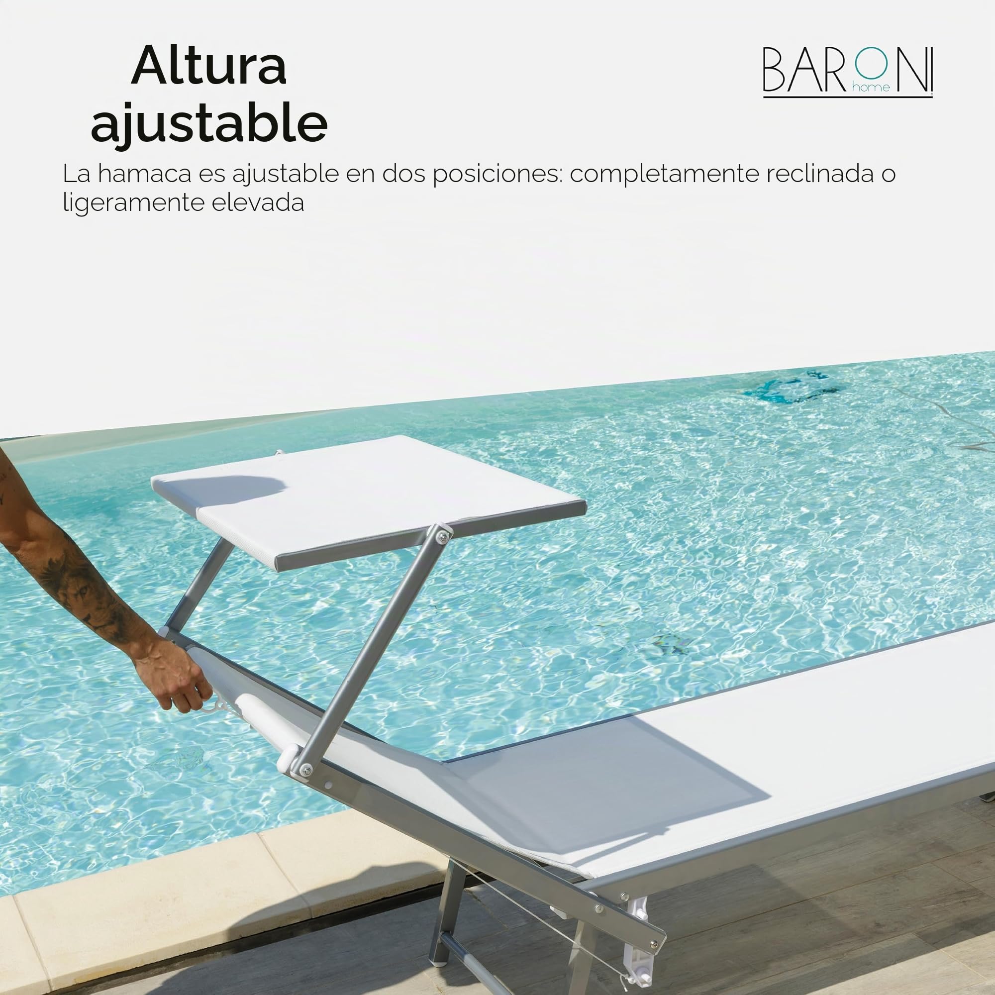 Baroni Home Tumbona con estructura de aluminio y techo parasol, cómoda y resistente, tumbona de jardín, playa, piscina revestida de textileno, 60 x 190 x 35 cm (blanco, 1)