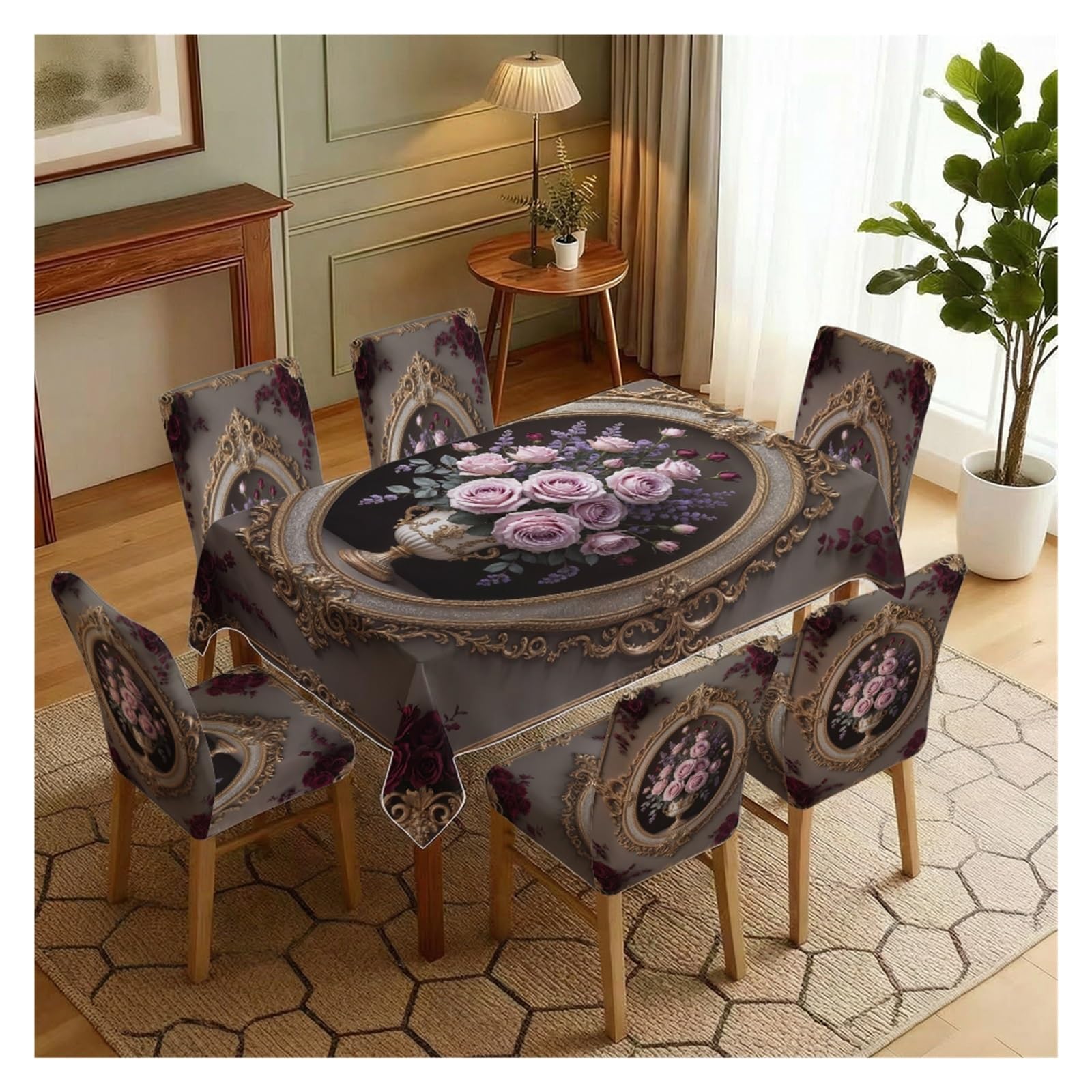 KXUAUV Dark Grey Vintage Baroque Gold Frame Purple Rose Dining Tablecloth & Chair Covers Set, 5/7 Piece Royal Victorian Luxury Elegant Dining Decor Party Decor(7pcs Set: Tablecloth+Chair Covers)