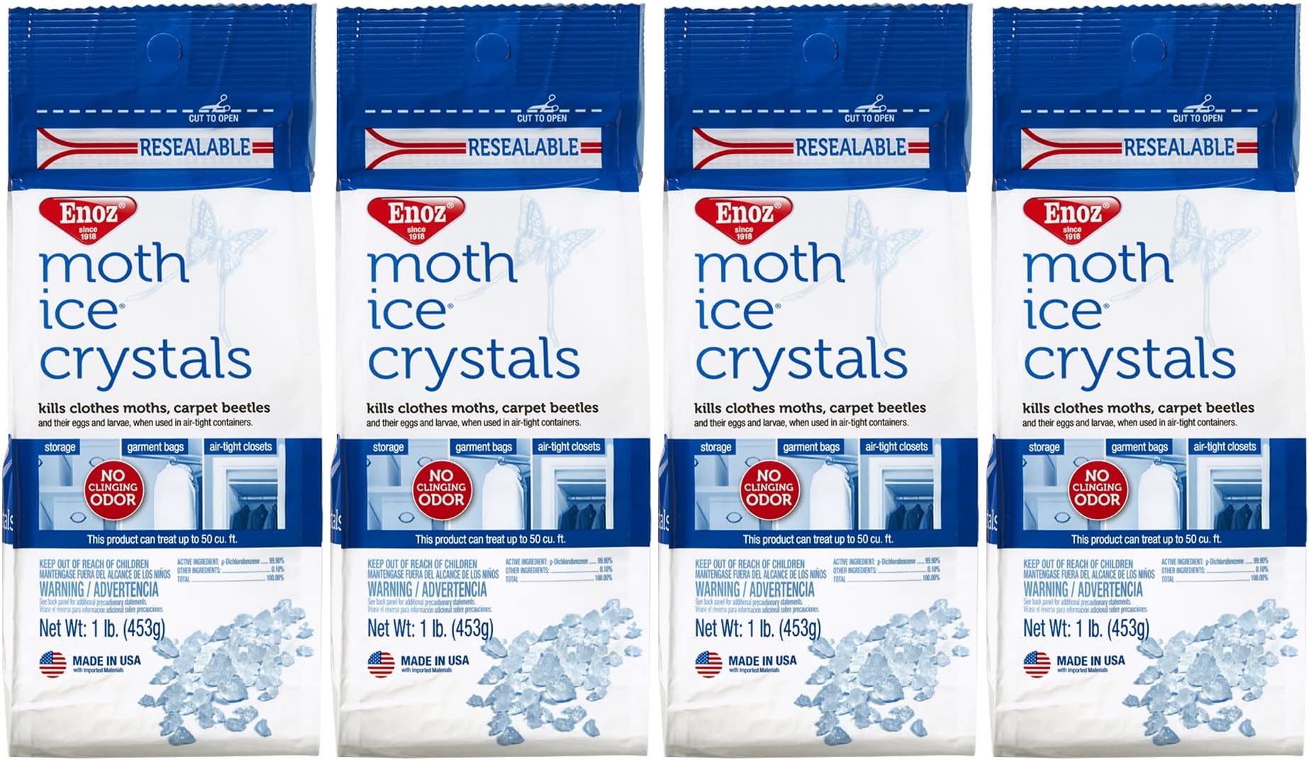 Enoz Moth Ice Crystals, Kills Clothes Moths and Carpet Beetles, No Clinging Odor, 16 Oz (Pack of 4)