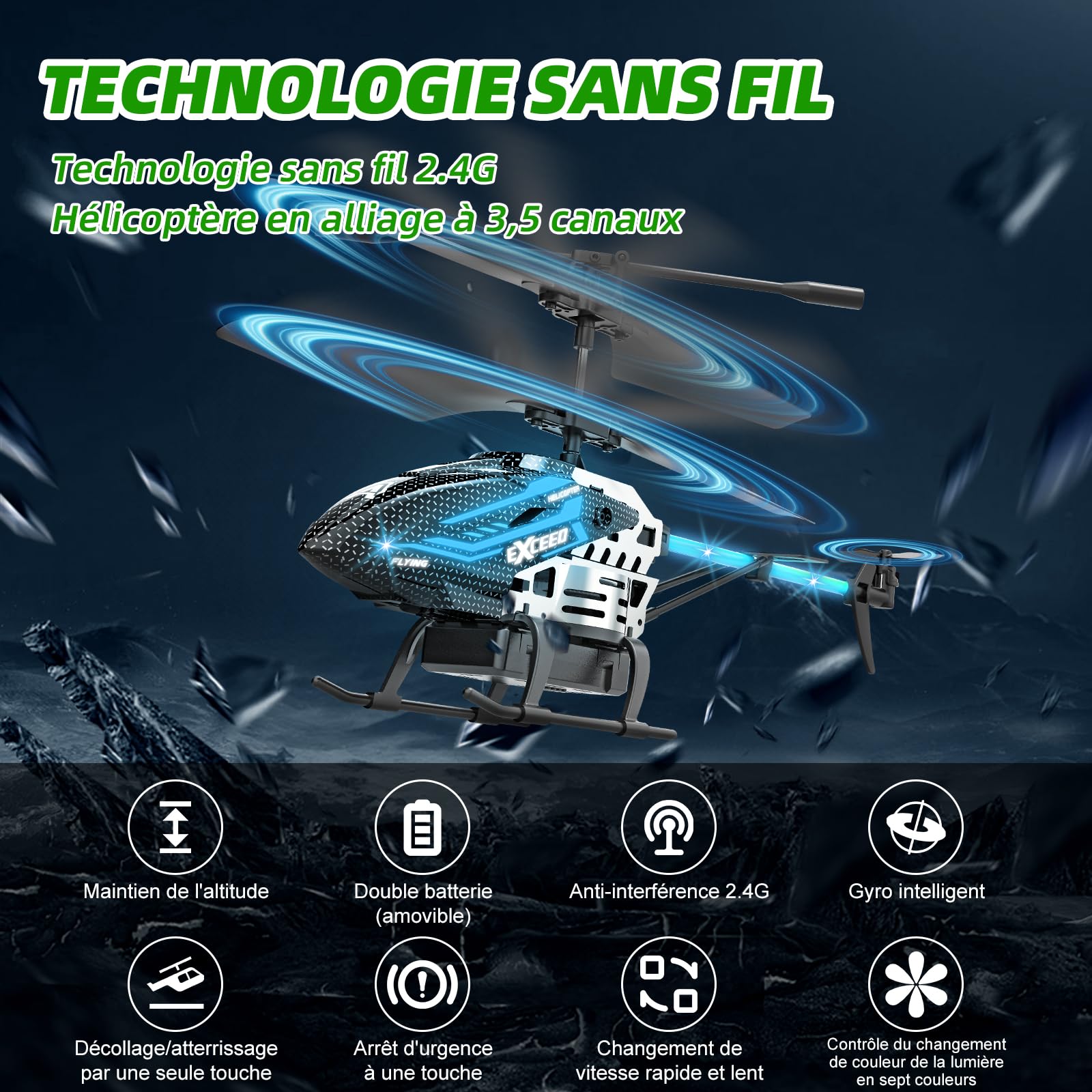 Hélicoptère Télécommandé 2.4G RC avec Éclairage LED 3,5 Canaux Gyro pour Enfant Adultes