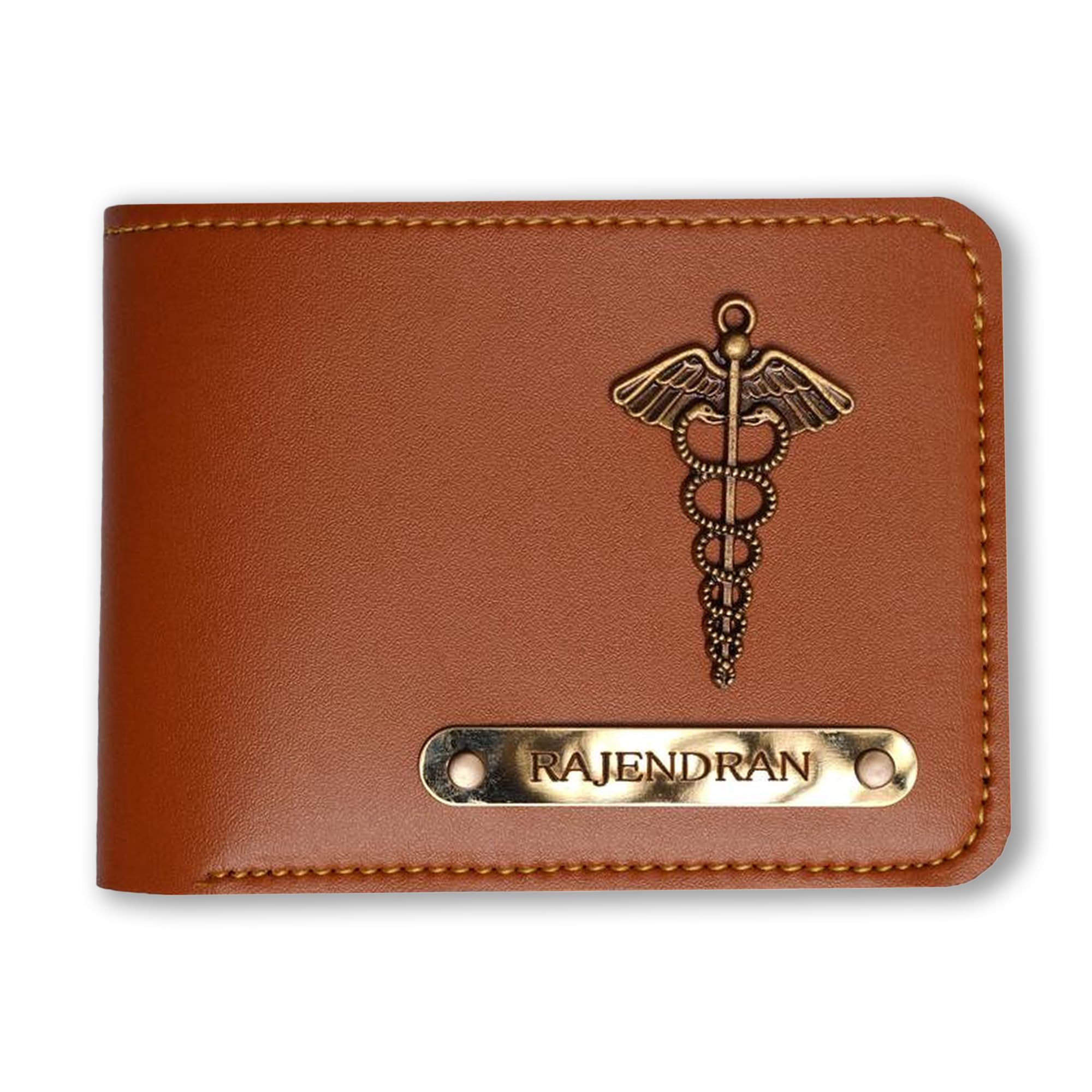Personalized Leather Men's Customised Print Wallet with Customized Name & Your Chosen Charm| Customizable with Name&Charm| Vegan Leather | Birthday Gift for Him Gold Metal Tan-image-12