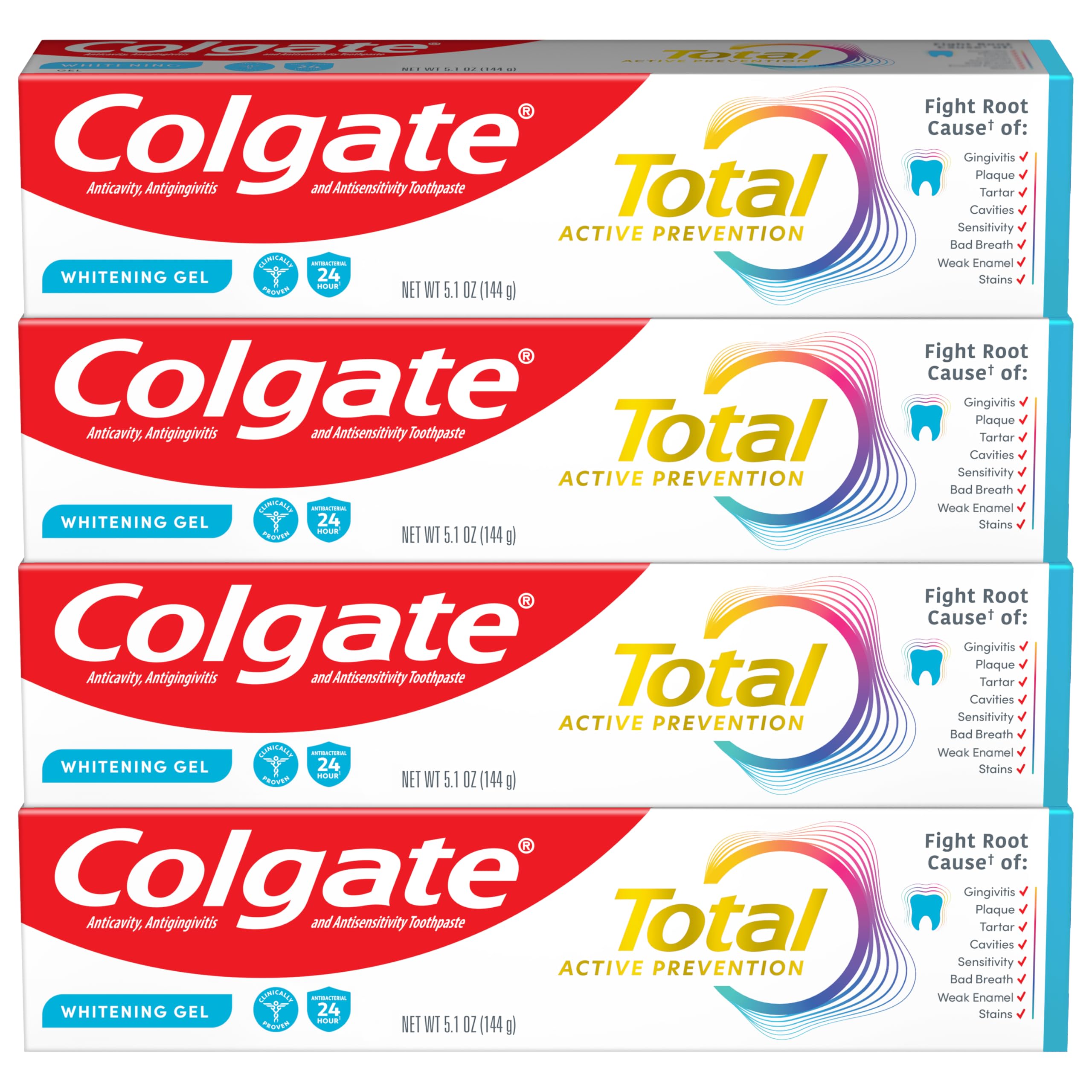 Colgate Total Active Prevention Whitening Gel Toothpaste with Fluoride, Bulk with Clinically Proven Formula That Fights Plaque Bacteria, Mint, 4 Pack, 5.1 oz