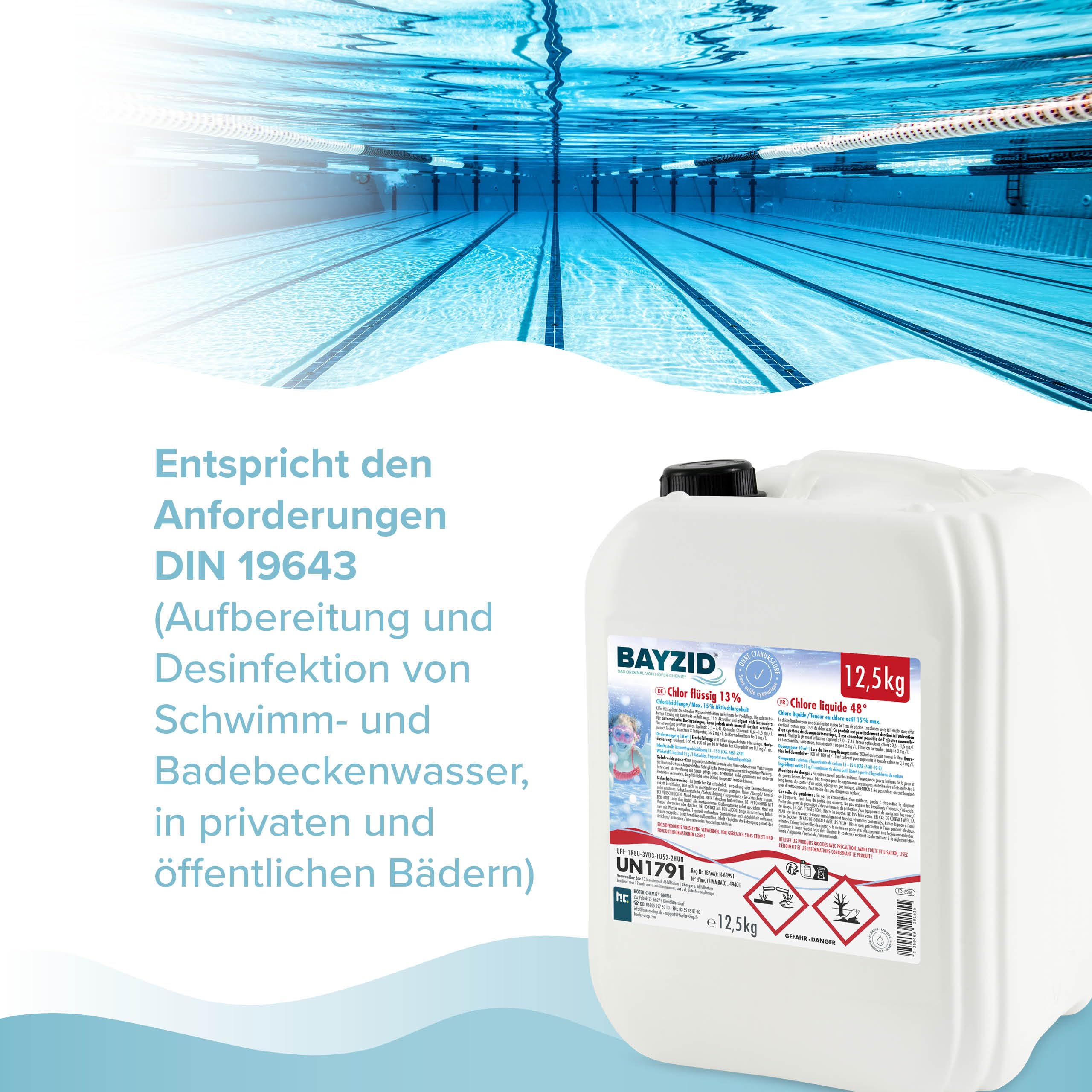 Höfer Chemie 12,5 kg Pool Flüssigchlor BAYZID - mit 13 bis 15% Aktivchlorgehalt zur Poolpflege und Wasserdesinfektion - Made in Germany