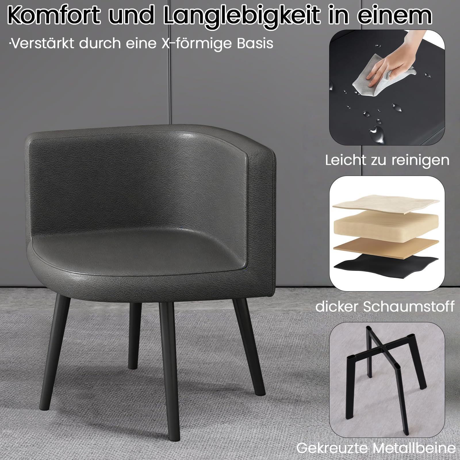 Essgruppe 5-Teilig, 80cm Quadratischer Esstisch und 4 Esszimmerstühle, Küchentisch aus MDF und Gepolsterter Stuhl für Küche, Wohnzimmer, Balkon, Restaurant, Büro, Quadratisch + Grau
