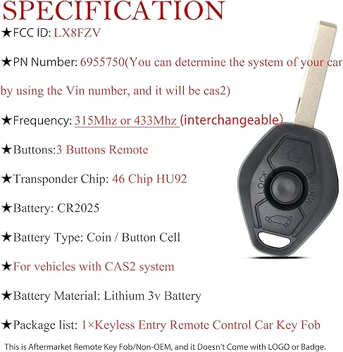 Miniatura 5 de MechanMagic Llavero de repuesto para BMW 3 5 6 Series M3 X3 X5 Z4 2000 2001 2002 2003-2009 LX8FZV CAS2 E46 E83 E53 E85 Control remoto de entrada sin
