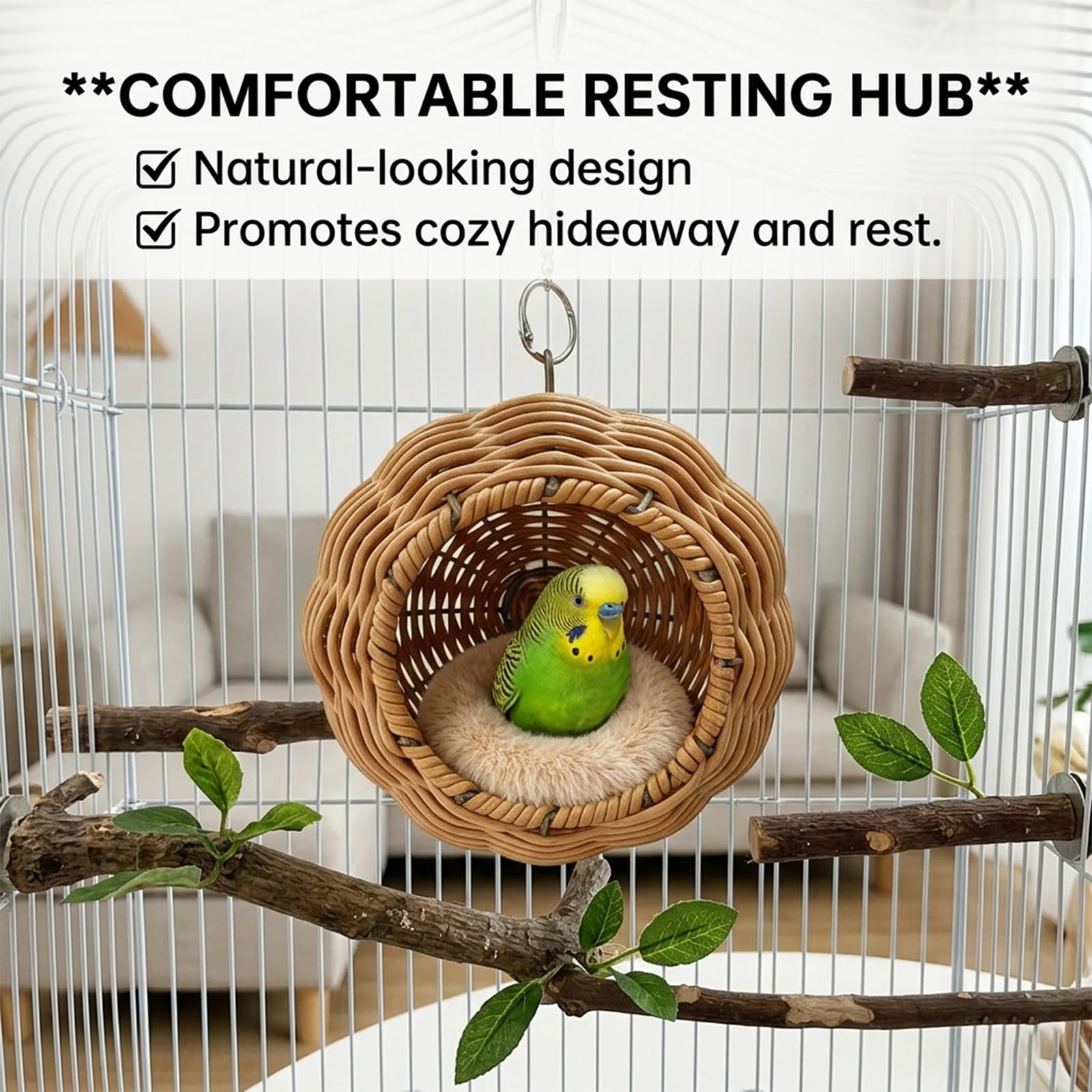 Nid Oiseau pour Cage, Nid en Rotin Imité avec Armature en Acier, Nid d’Élevage Transpirable pour Perruches, Canaris, Pinsons avec Coussin Amovible et Chaîne de Suspension