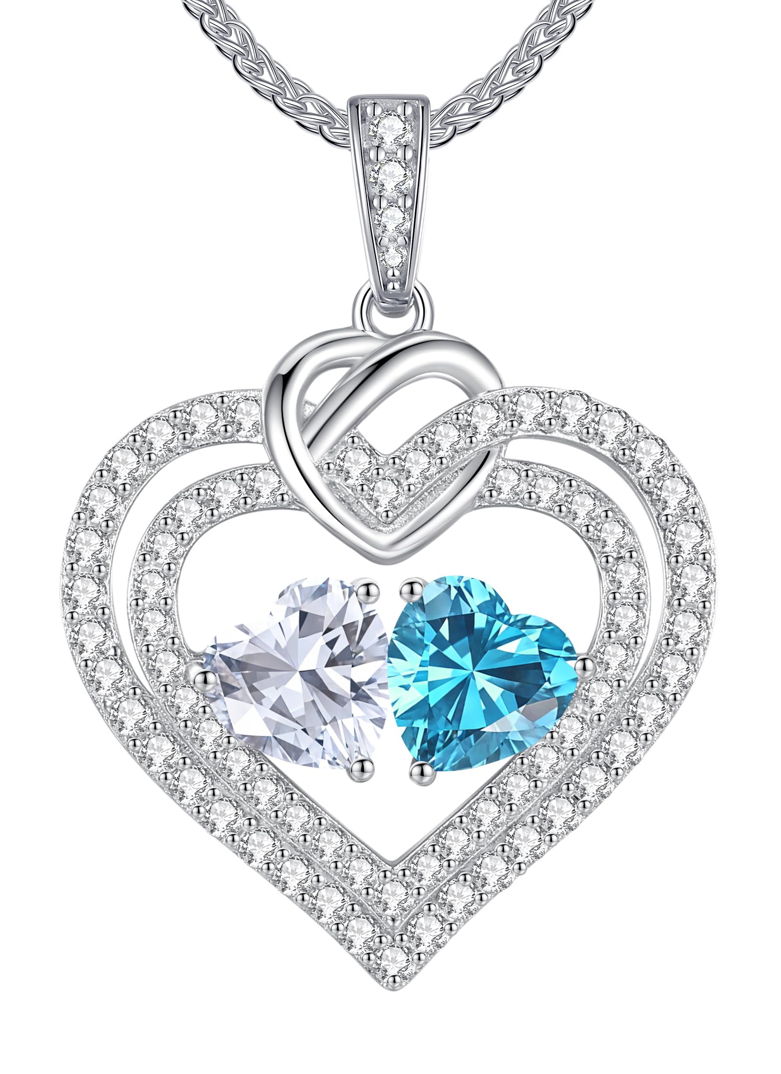 LOUISA SECRET Sparkling Double Heart Birthstone Necklace Gifts for Women, 925 Sterling Silver Fine Jewelry, Pendant Heart Necklace Birthday