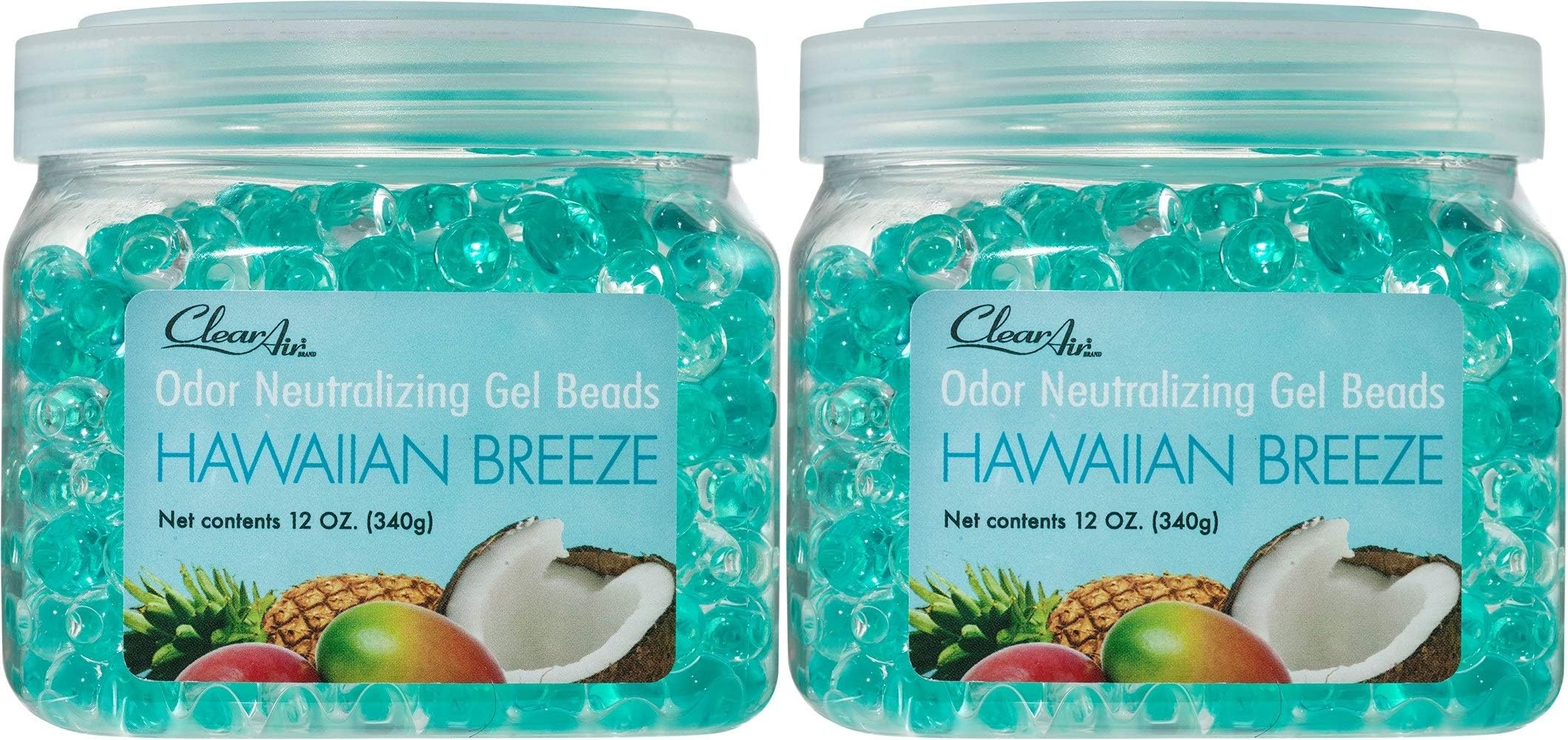 Clear Air Odor Eliminator Gel Beads - Air Freshener - Eliminates Odors in Bathrooms, Cars, Boats, RVs & Pet Areas - Made with Essential Oils - Hawaiian Breeze Scent - 12 Ounce - 2 Pack