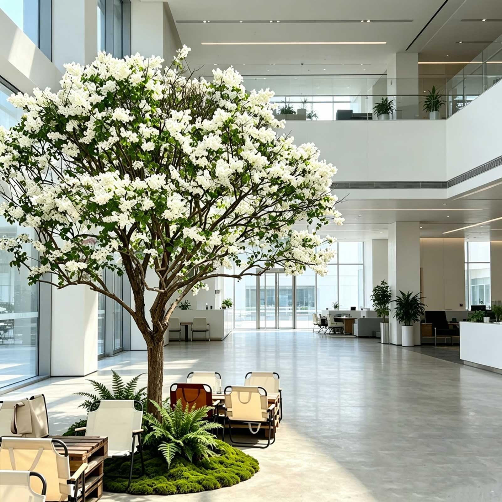 KIBONCY Weather Resistant Simulation White Fringe Tree, Natural Shape Chionanthus Retusus Faux, Moss Fern Mat Base Decor Plant for Indoor Patio & Resturant Landscape(3.5x2.5m)