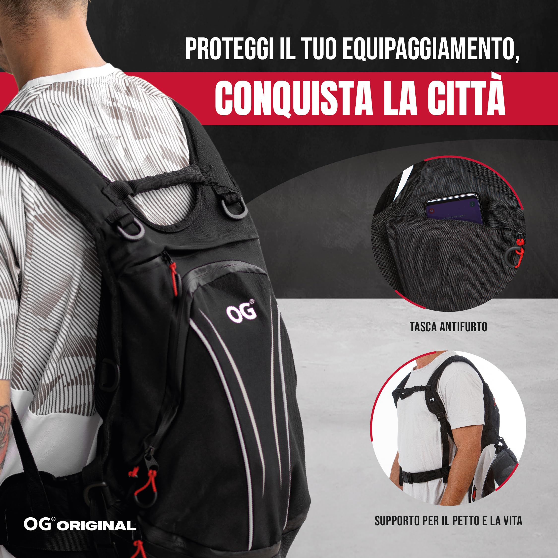 OG Original RoadRunner Zaino Moto Impermeabile Nero Leggero 20L, Borsa Porta-Casco Moto, Cinghia per Casco, Ciclismo, Antifurto, Portatile, Rifrangente