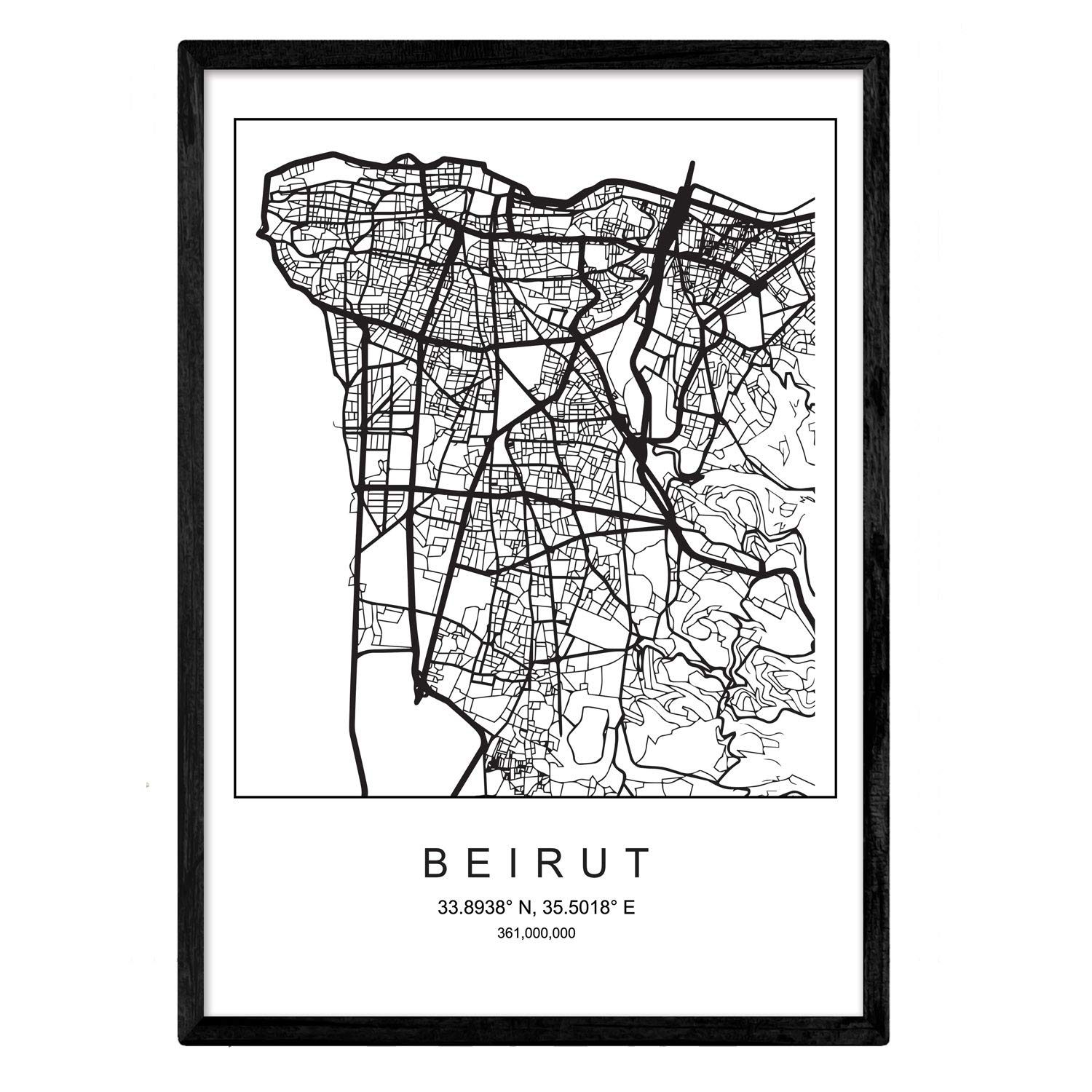 Nacnic Beirut City Map Nordic Style Black and White A3 Size Poster The Printed Paper Not 250 g Paintings, Prints and Posters for Living Room and Bedroom