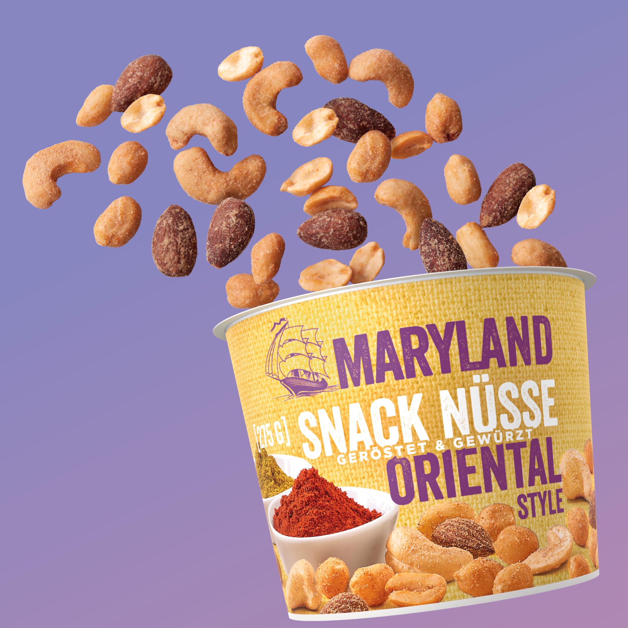 Maryland Snack Nüsse Oriental Style 275g Becher Vorratspack - Erdnüsse, Cashewkerne und Mandeln in Nussmischung - Orientalisch gewürzt - wiederverschließbarer Becher (6 x 275 g)