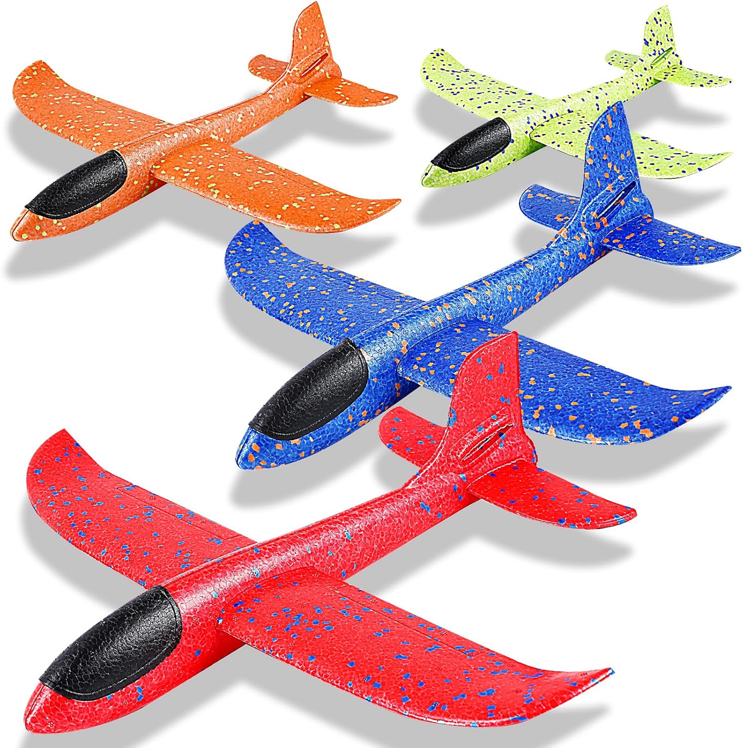 Jeffbaubl 4 Pack Foam Airplanes, 17.5 inch Airplane Toys, Large Throwing Foam Plane, 2 Flight Mode Glider Plane Flying Toy for Kids 3-7 Year Olds Outdoor Sport Birthday Party(with Spotted, 4 Colors)