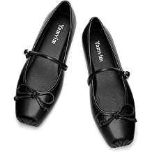 Ballet Flats for Women Square Toe Mary Jane Shoes with Bow Slip On Buckle Strap Daily Comfy Flat Dress Shoes