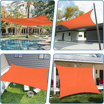 TANG 16' x 16' Sun Shade Sail Rectangle Outdoor Canopy UV Block Sunshades for Patio, Square Shade Cloth for Backyard Porch Deck Garden Pergola Cover, Orange