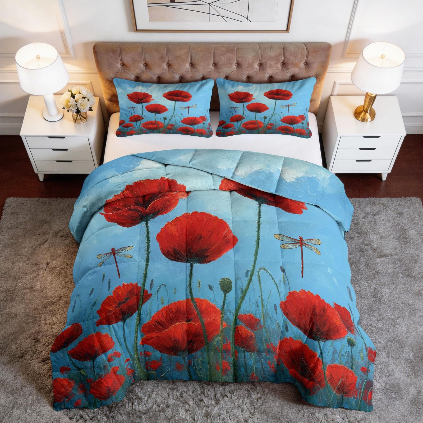 Set Trapunta 3 Pezzi 150x200 cm Fiori Rossi Libellula Piumone Letto 4 Stagioni, Trapuntino Anallergico Soffice, Copriletto Trapuntato Moderno per Adulti Bambini