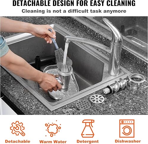 Miniatura 6 de VEVOR Picadora de carne eléctrica, relleno de salchichas de 550 W, máquina picadora de carne resistente aprobada por ETL con 2 cuchillas, 3 placas