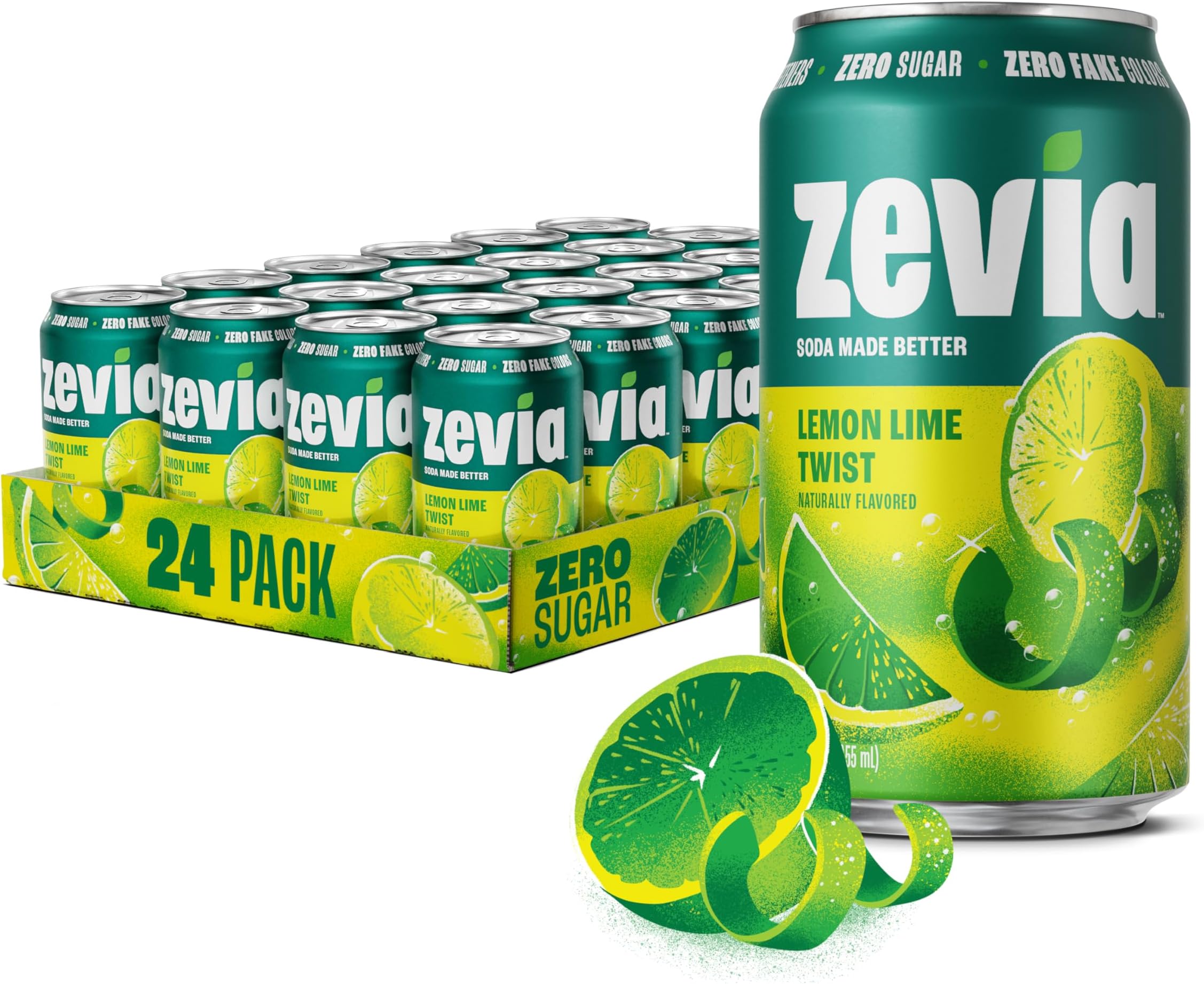 - Zevia Zero Sugar Soda, Lemon Lime Twist, 12 oz Cans (24-Pack) – Naturally Sweetened, Non-GMO Project Verified, Gluten-Free, Vegan