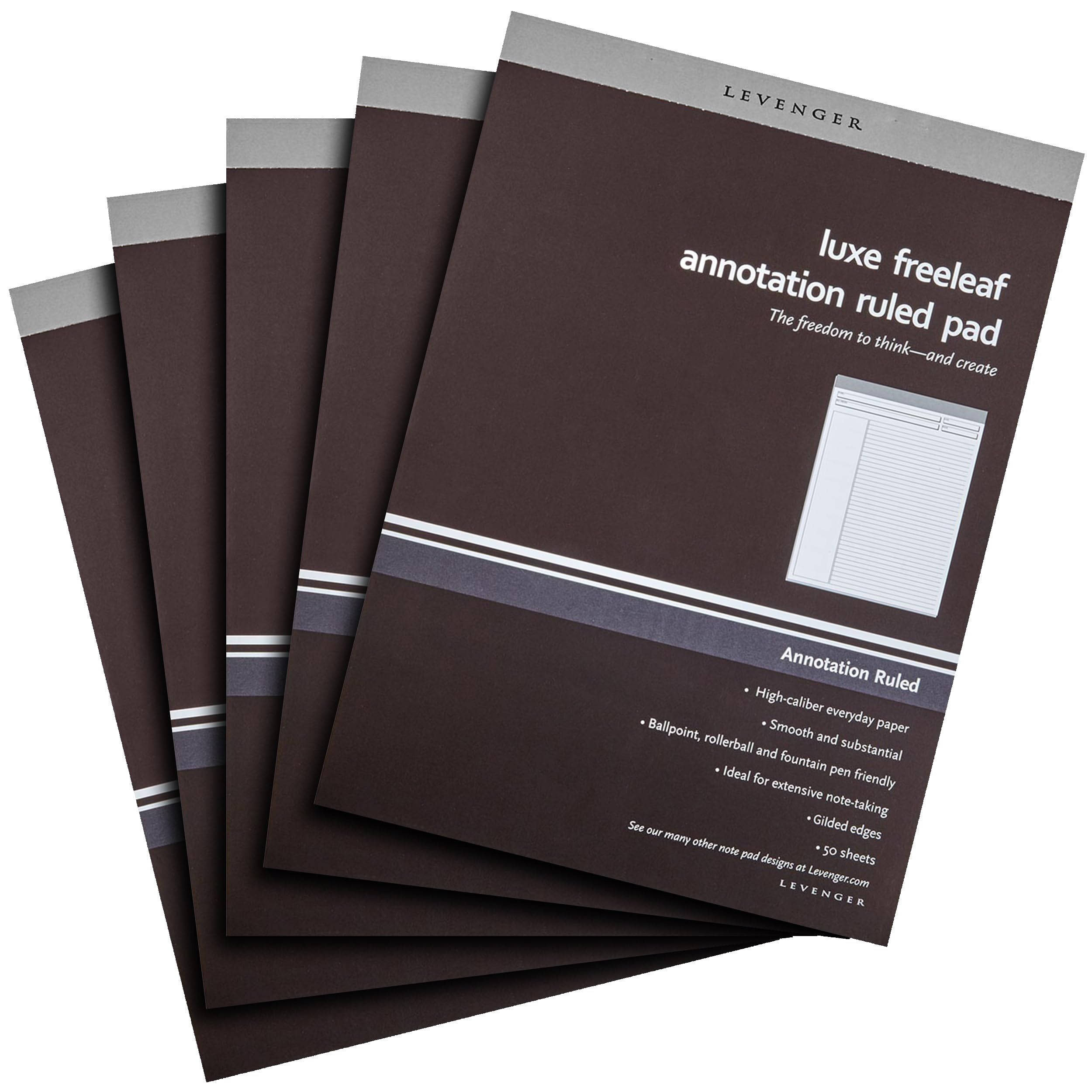 Levenger Freeleaf Luxe Annotation Ruled Writing Pads Lined Gilded Notepad Compatible with Cornell Note-Taking System Pack of 5