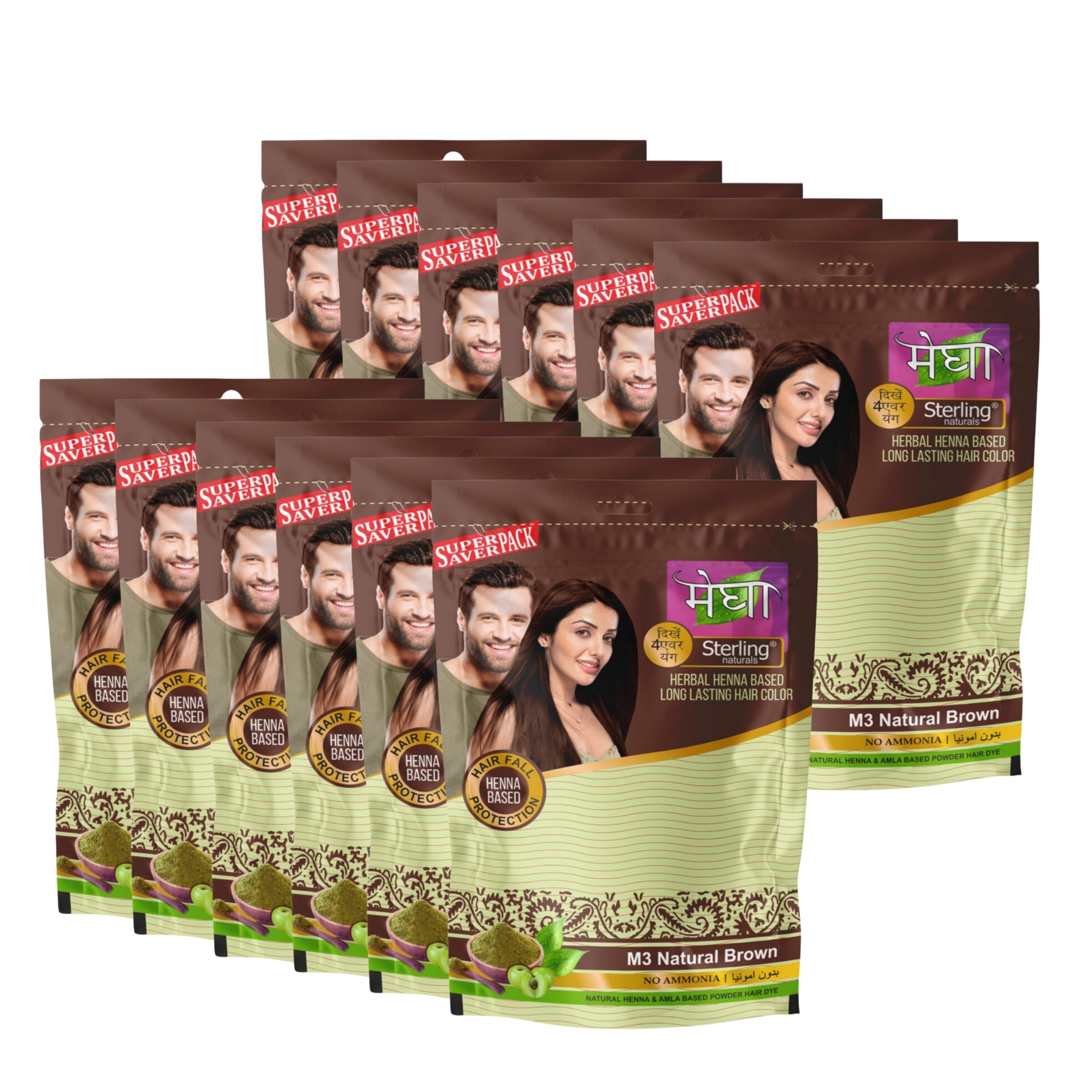 Sterling Naturals Hair Colour for Women, Henna Mehndi for Hair Dye, Natural Hair Colour Without Chemical and Ammonia-Free, Pack of 12, Natural Brown, 45g