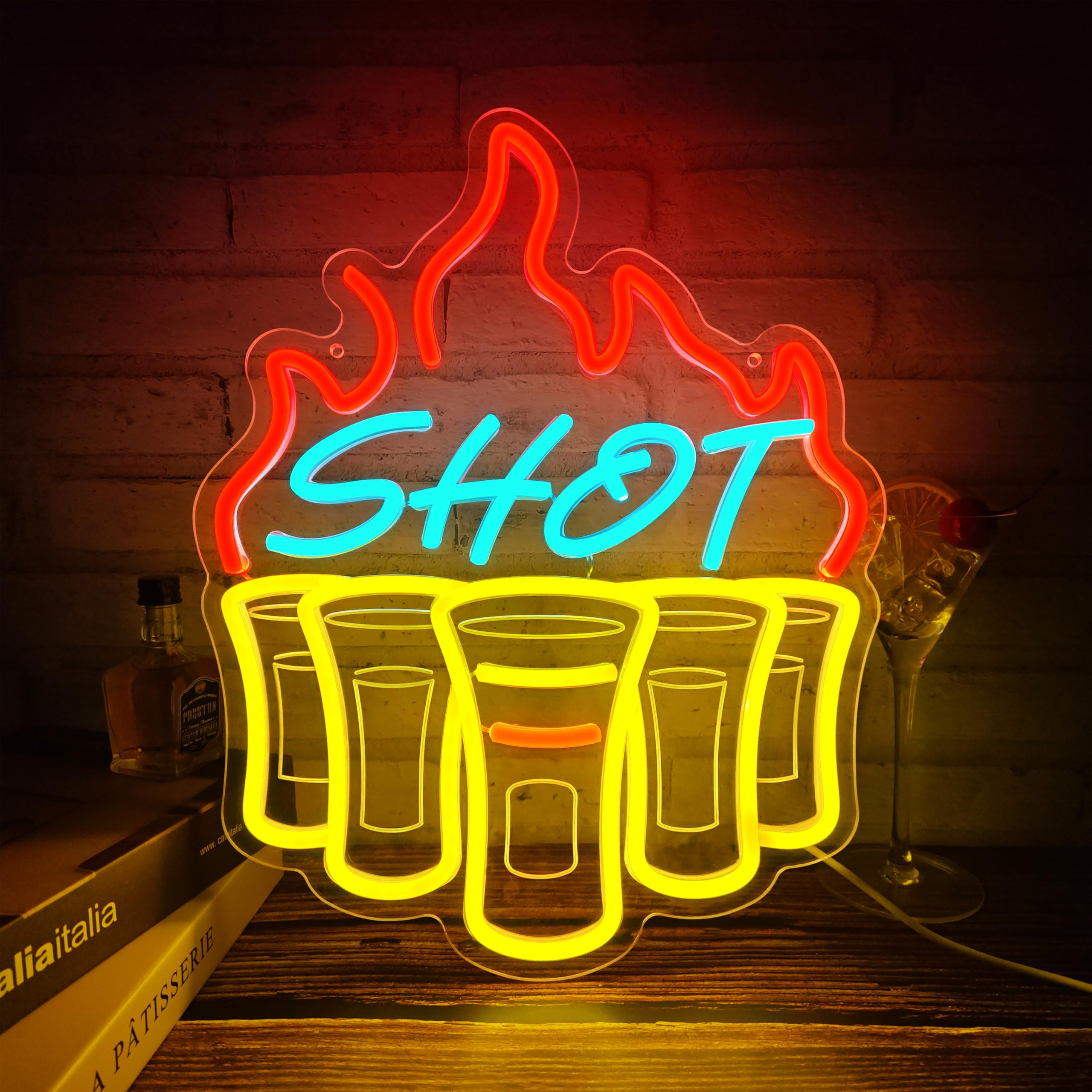GGAQQ SHOT Glasses Neon Sign for Wall Decor, Nip LED Light Hanging Sign USB Powered with Dimmable Switch for Bar Club Party Home Bistro