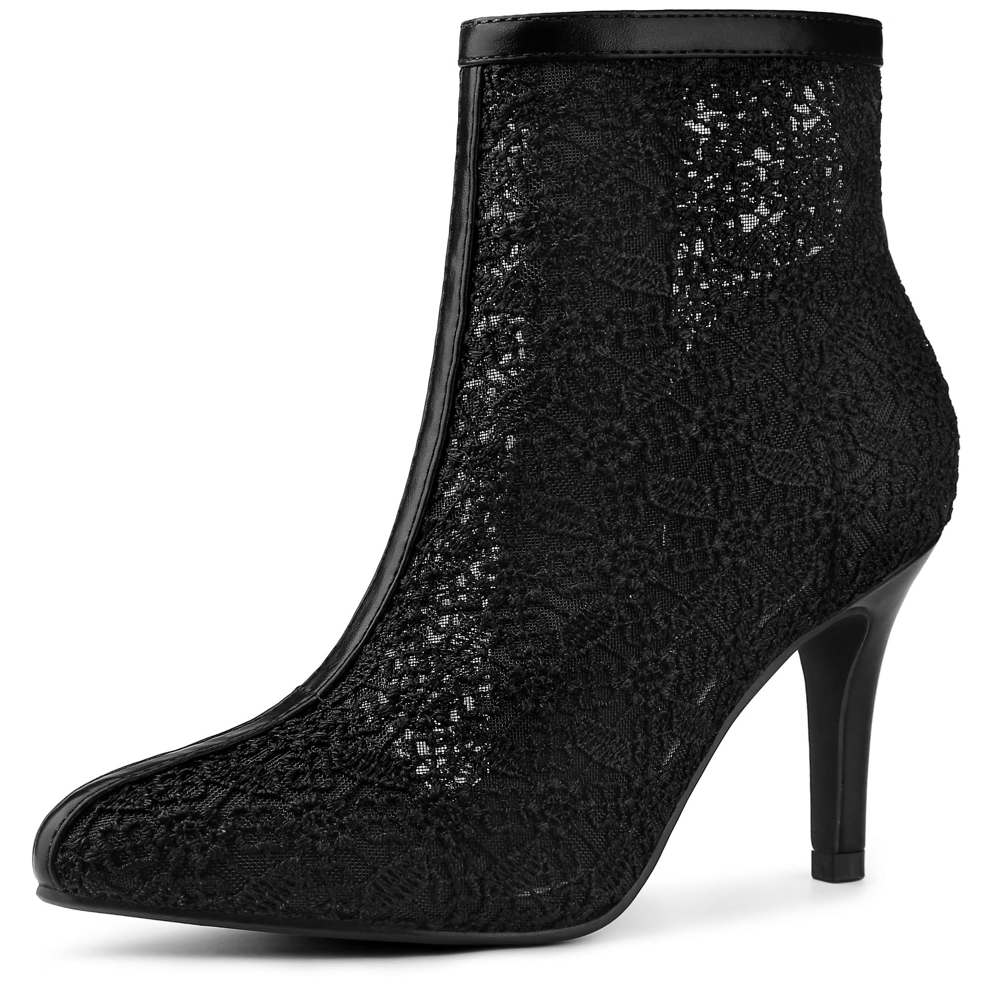 Allegra K Women's Pointed Toe Stiletto Heel Ankle Boots - Lace & Sequin Glitter Evening Boots, Side Zip