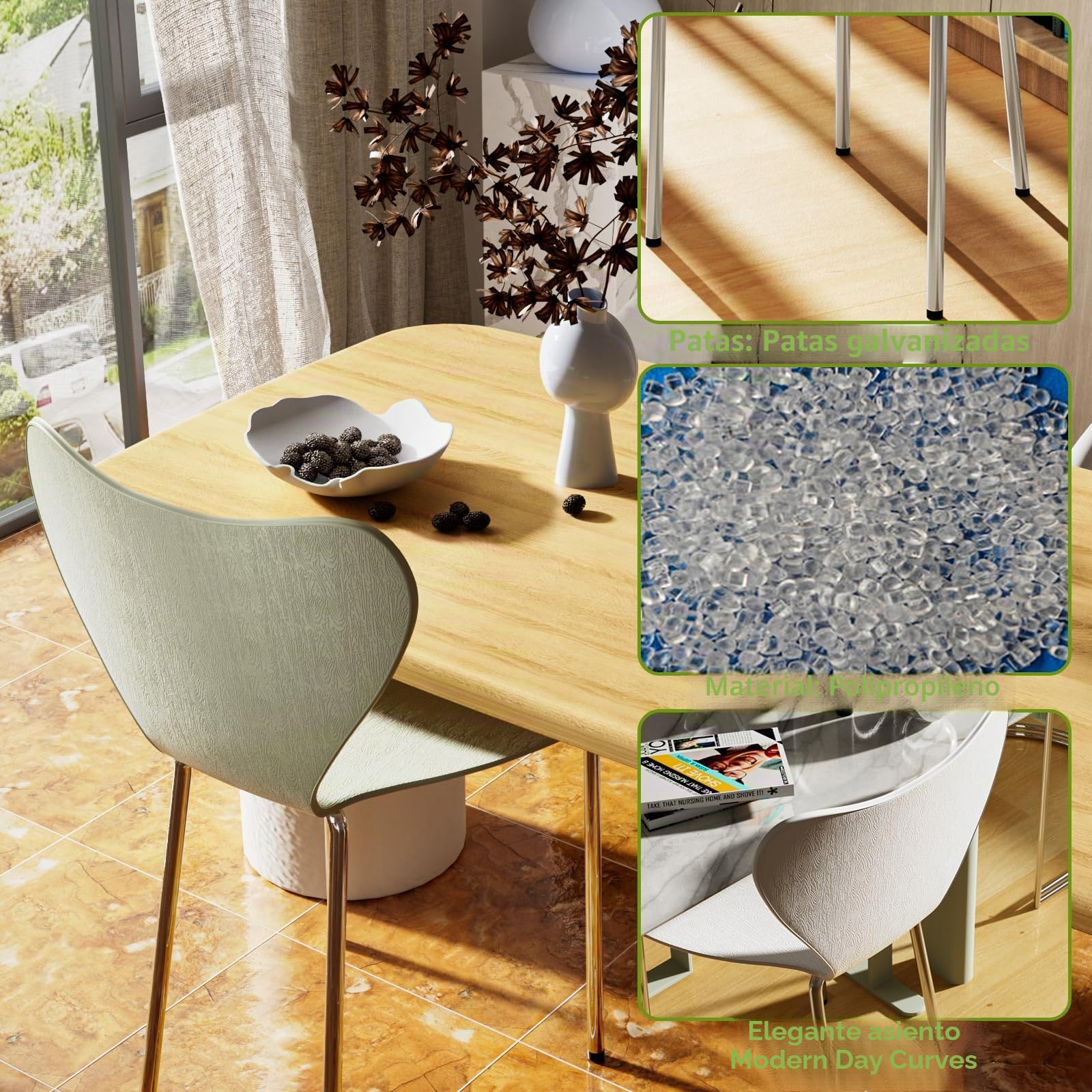 PIPIPOXER Juego de 4 sillas de Comedor, Polipropileno sillas de Comedor, sillas de Cocina, sillas de salón con Respaldo de Polipropileno y Patas de Placa eléctrica,Negro Gris Amarillo Verde