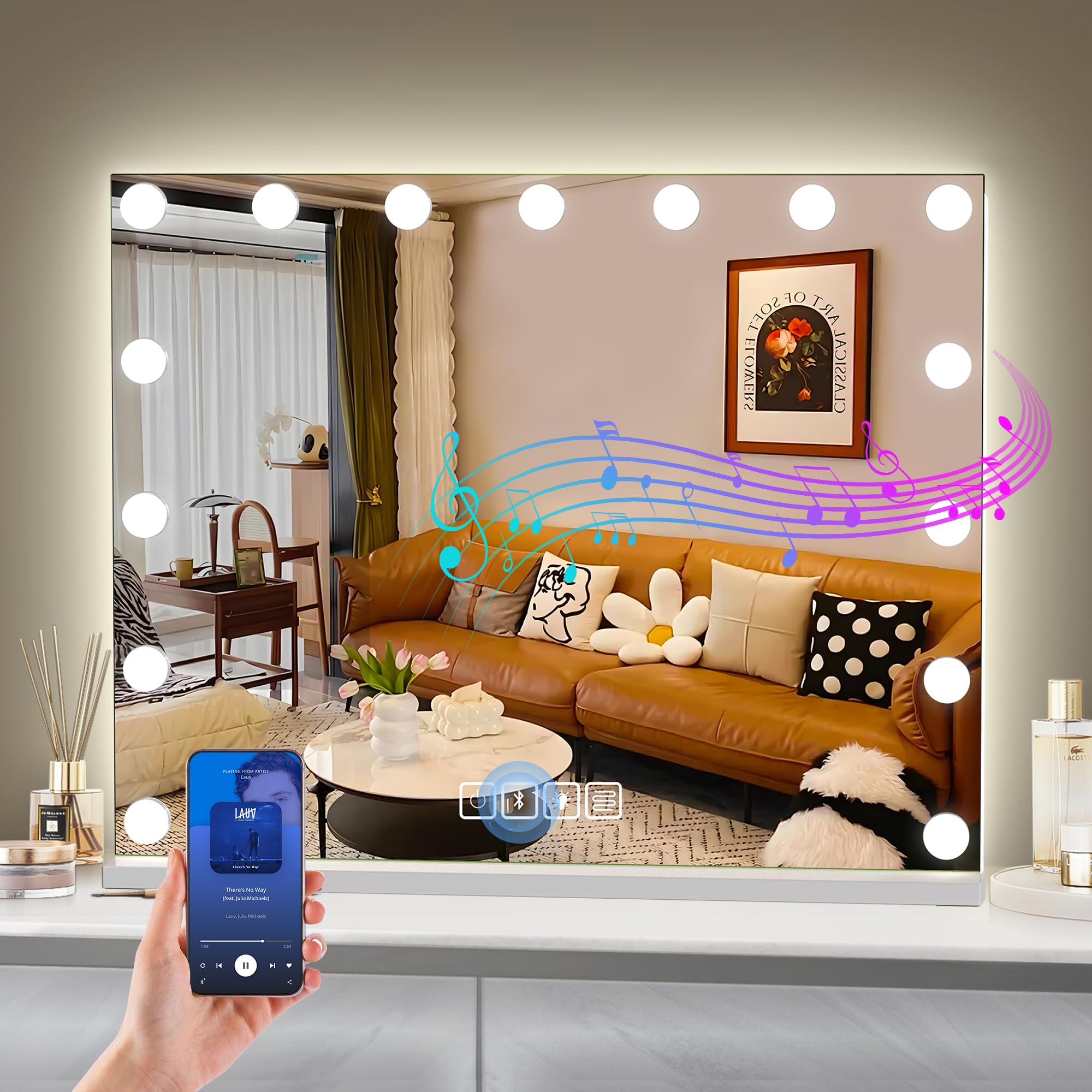 Hansong Hollywood Vanity Mirror with Lights 360 Degree Rotation Dressing Table Mirror with 15 LED Bulbs and 10X Magnification Touch Screen Large Makeup Mirror for Bedroom and Dressing Room