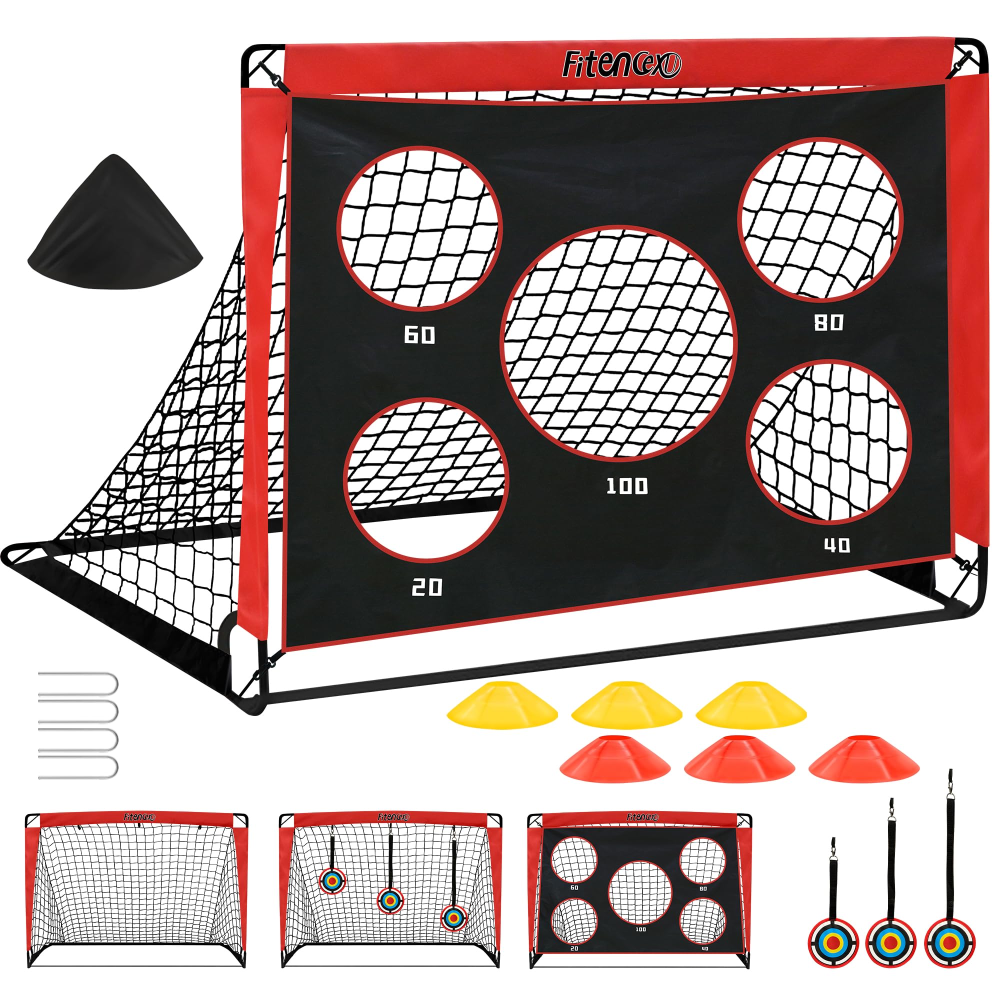 Fußballtor Kinder - 3-in-1 Pop Up Tor mit Torwand | Goal für Garten, Park & Strand | Outdoor Fussballtore mit 5 Schusslöchern, 3 Zielscheiben & 6 Hindernissen | inkl. Tasche & Bodennägel