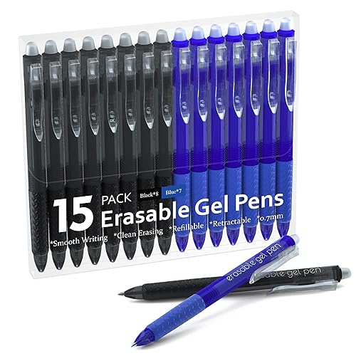 Erasable Gel Pens, 15 Pack Black Retractable Erasable Pens Clicker, Fine Point, Make Mistakes Disappear, Black Inks for Writing Planner and Crossword Puzzles… - 15 Pack Black Blue Red