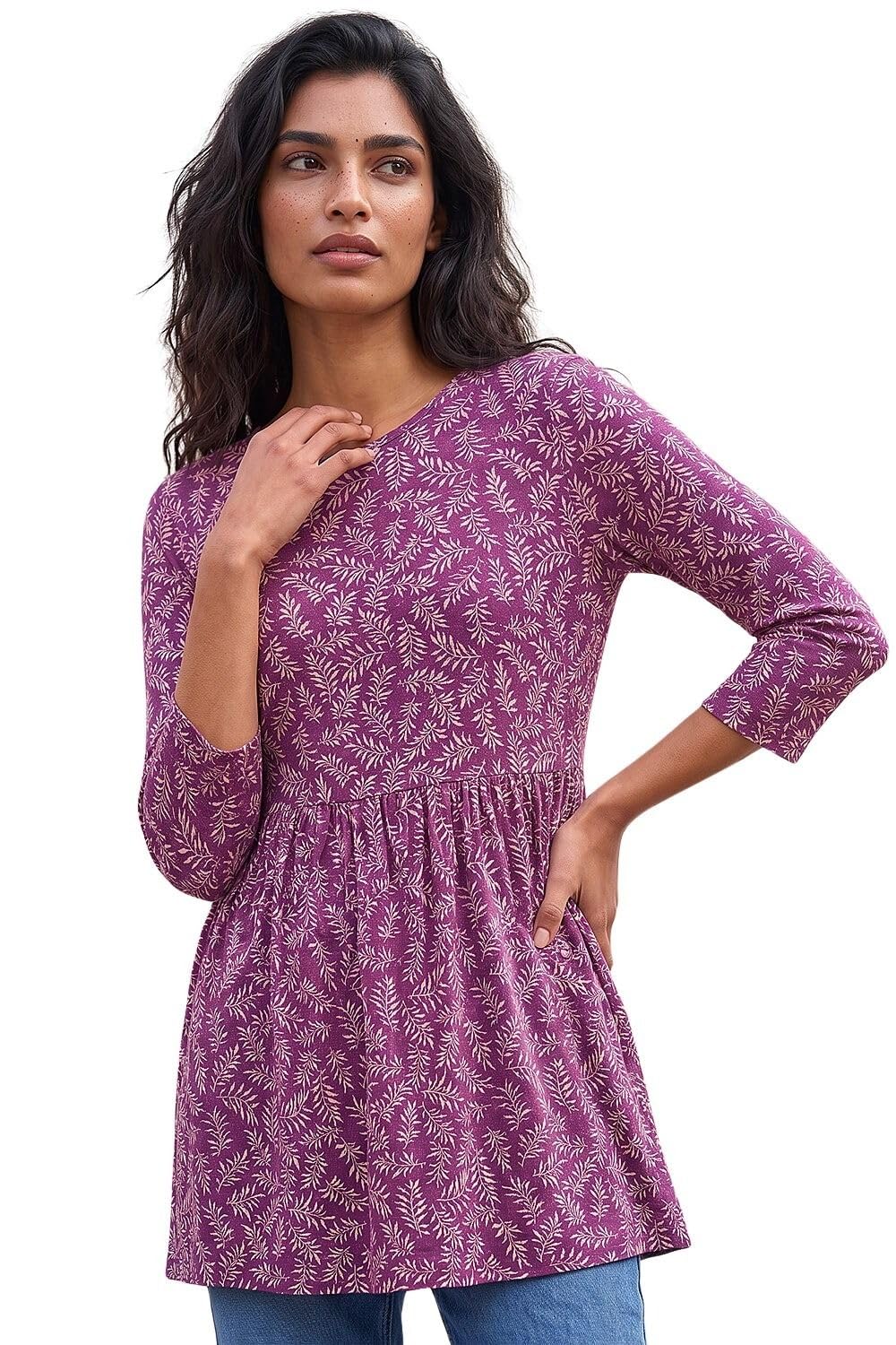 Roman Originals Women's Purple Leaf Print Gathered Tunic Top For Uk - Everyday Autumn Winter Round Neckline Comfy Soft Evening Vacation Work Party Night Out - Size 12