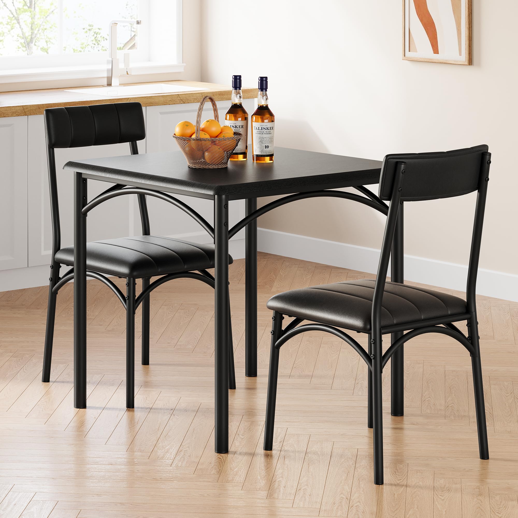 Conjunto Comedor 3 Piezas Madera‑Metal Rústico para Apartamentos Pequeños | mesa cuadrada madera‑metal, sillas tapizadas, diseño compacto para apartamentos y cocinas