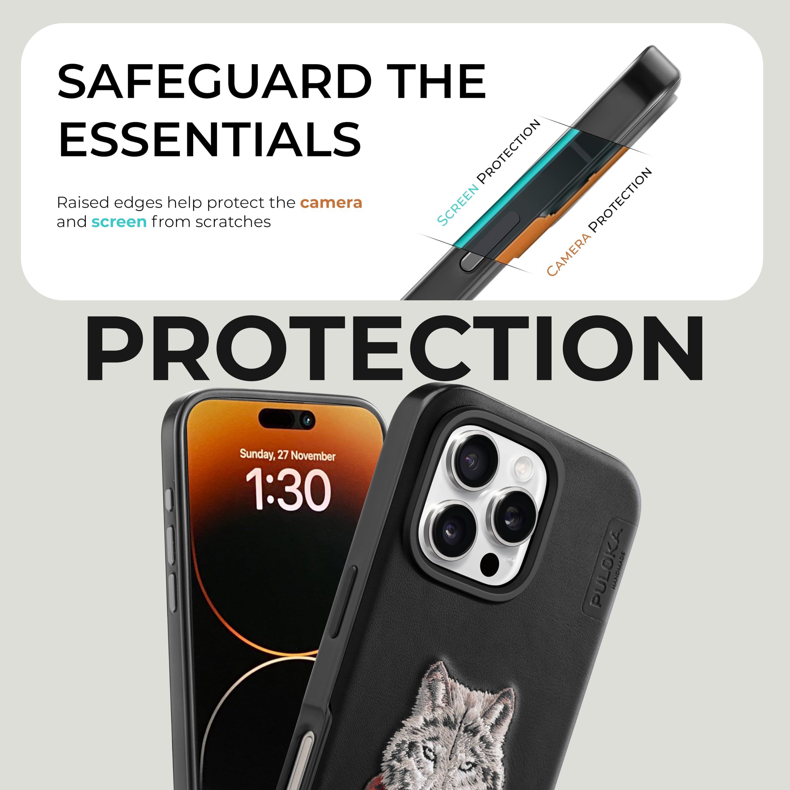 PULOKA iPhone 16 Pro Wolf Embroidery Leather Case -5