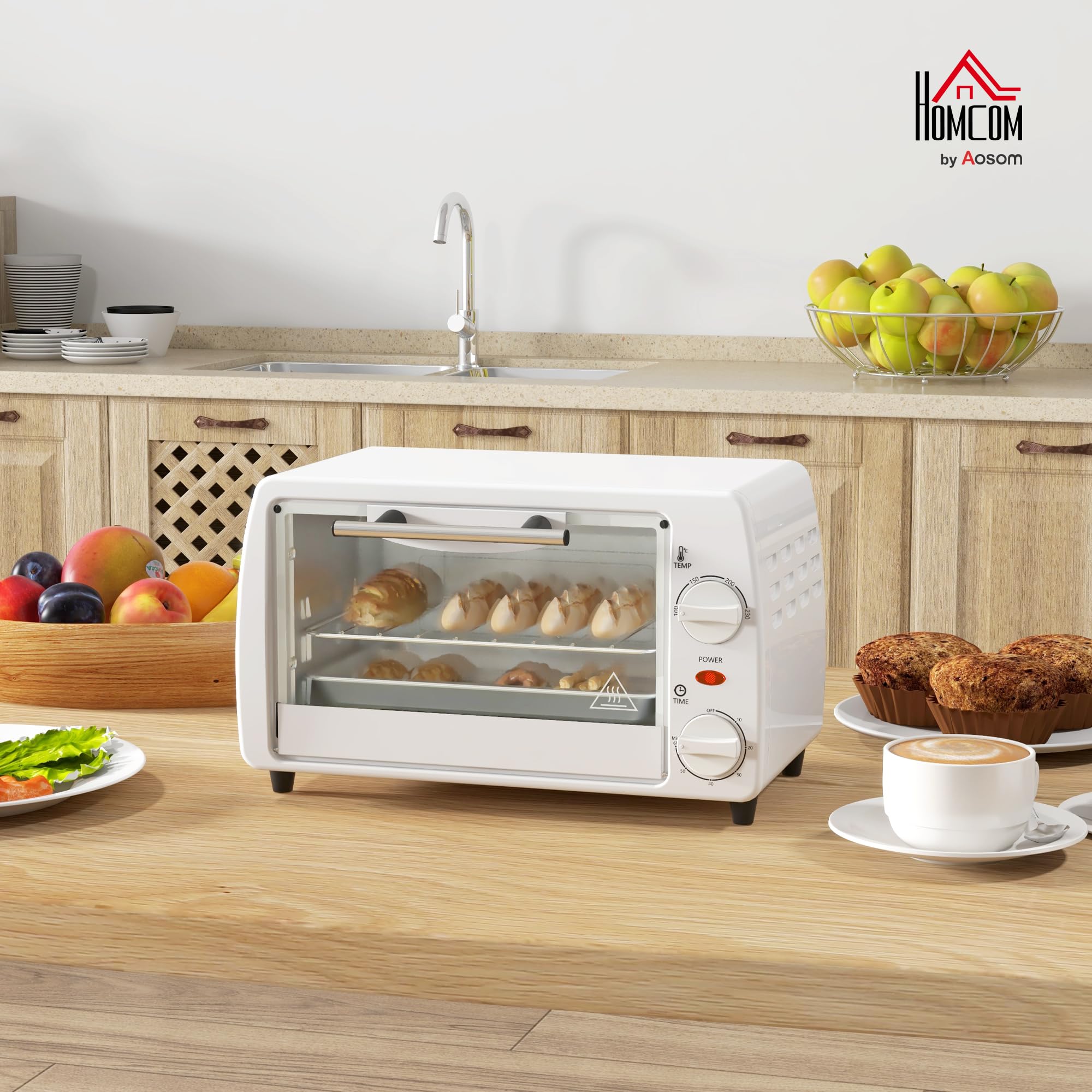 HOMCOM Four électrique de table 10 litres 750 W Petit four électrique avec température jusqu'à 230 ℃ Minuteur 60 minutes Plateau et grille 36,5 x 26 x 22 cm Blanc