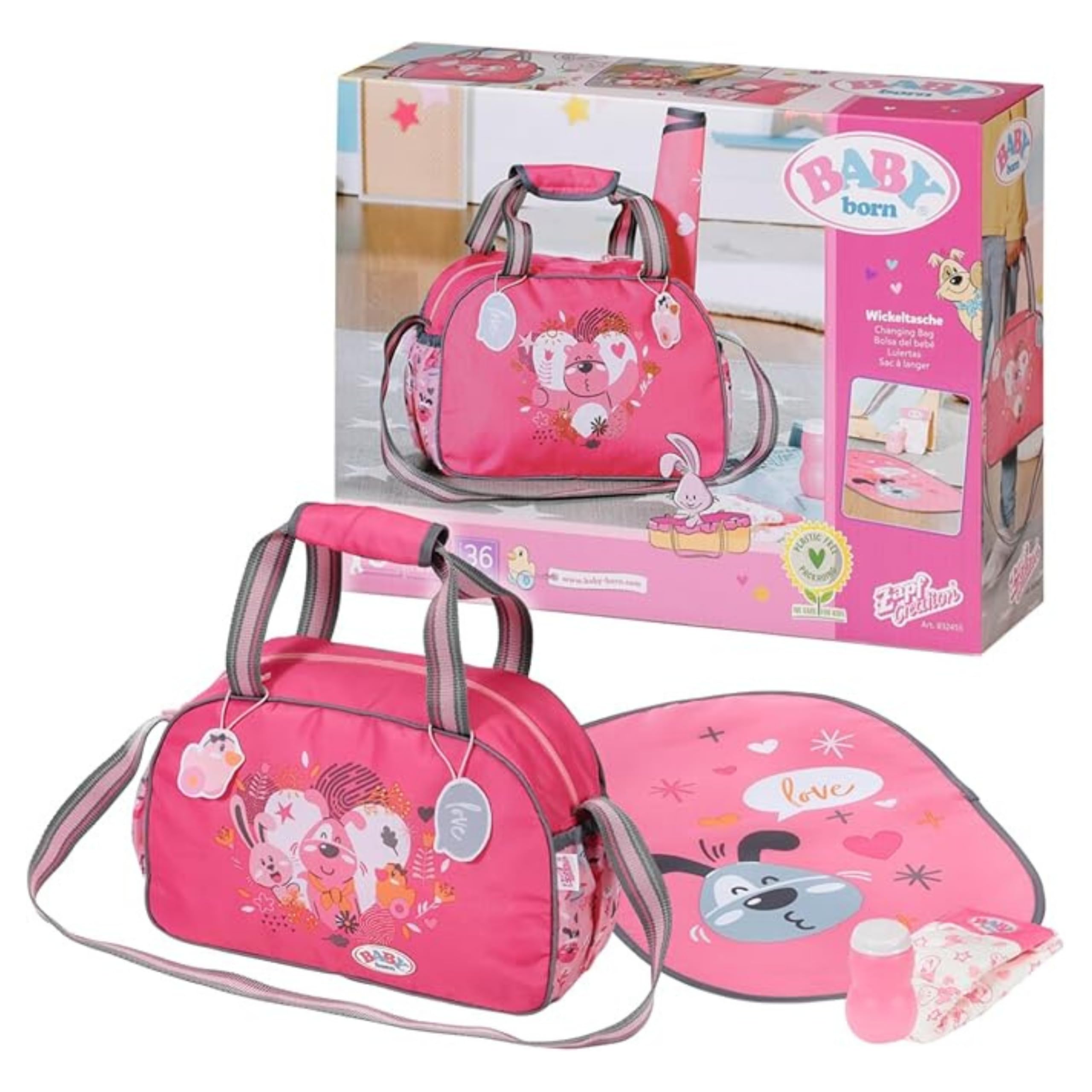 BABY born Sac à langer - Sac à langer pour poupée rose/gris - Accessoires de haute qualité pour poupées avec matelas à langer, couches et boîte à poudre - Convient aux enfants à partir de 3 ans